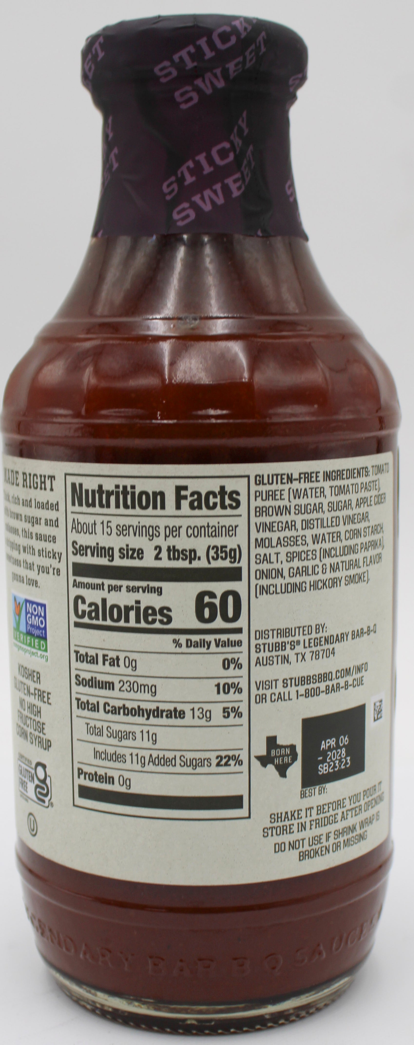 STUBBS GF STICKY SWEET BBQ SAUCE 18 OZ BB 4/06/28