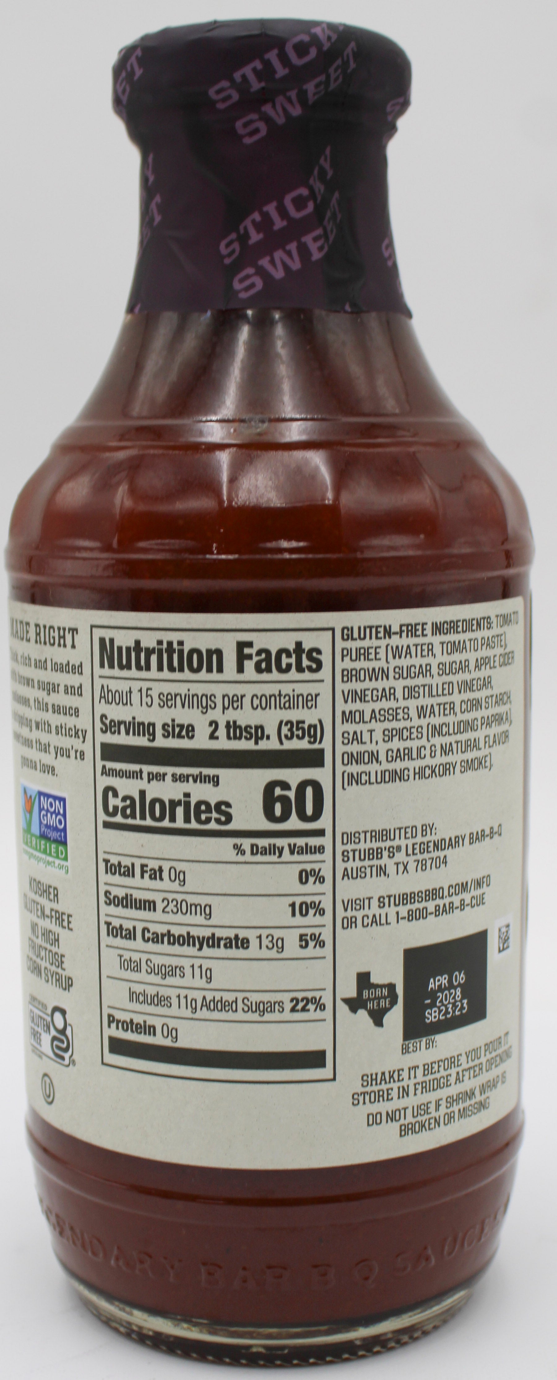 STUBBS GF STICKY SWEET BBQ SAUCE 18 OZ BB 4/06/28