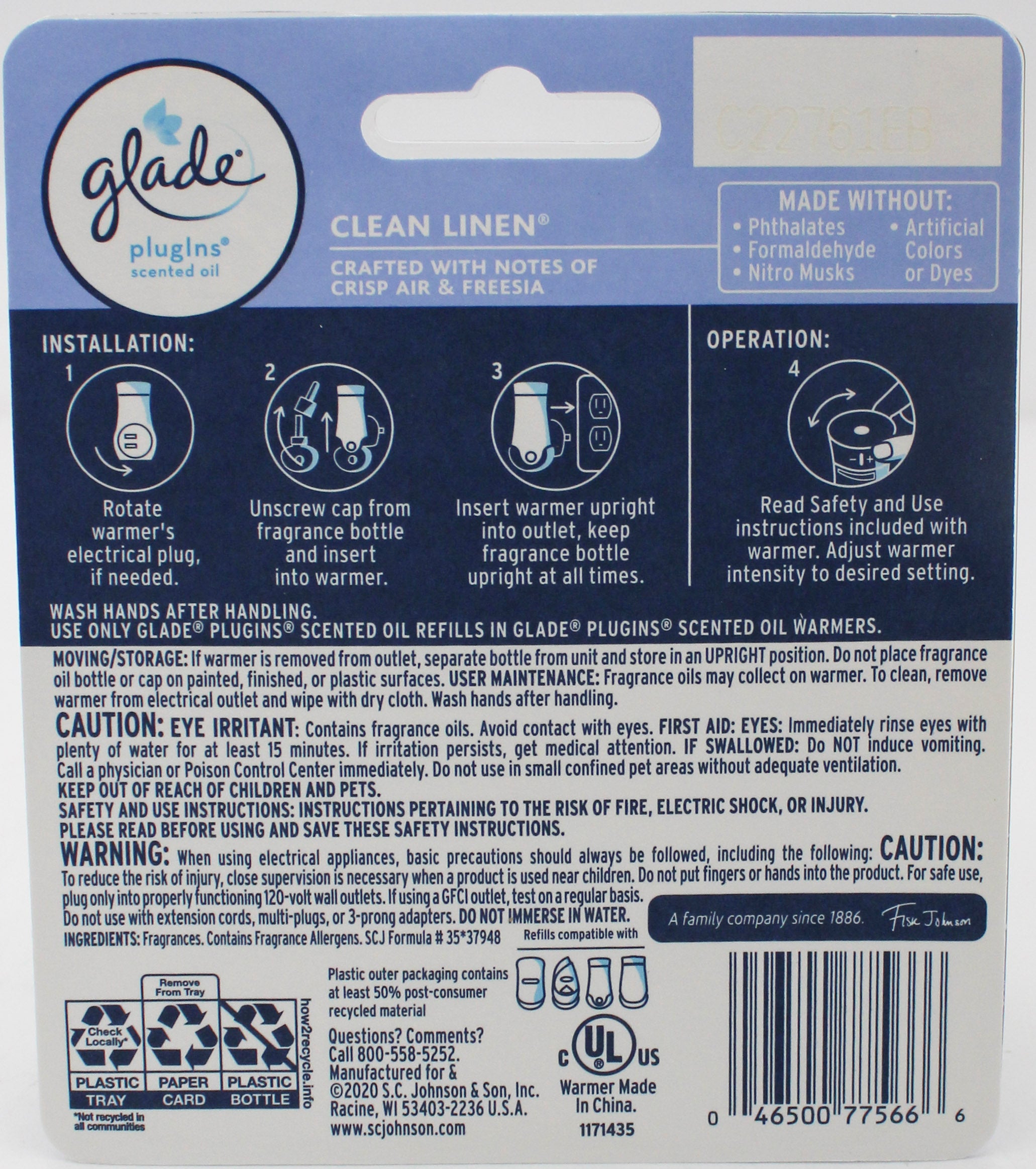 GLADE PLUGINS SCENTED OIL CLEAN LINEN 2ct + WARMER 0.67floz US