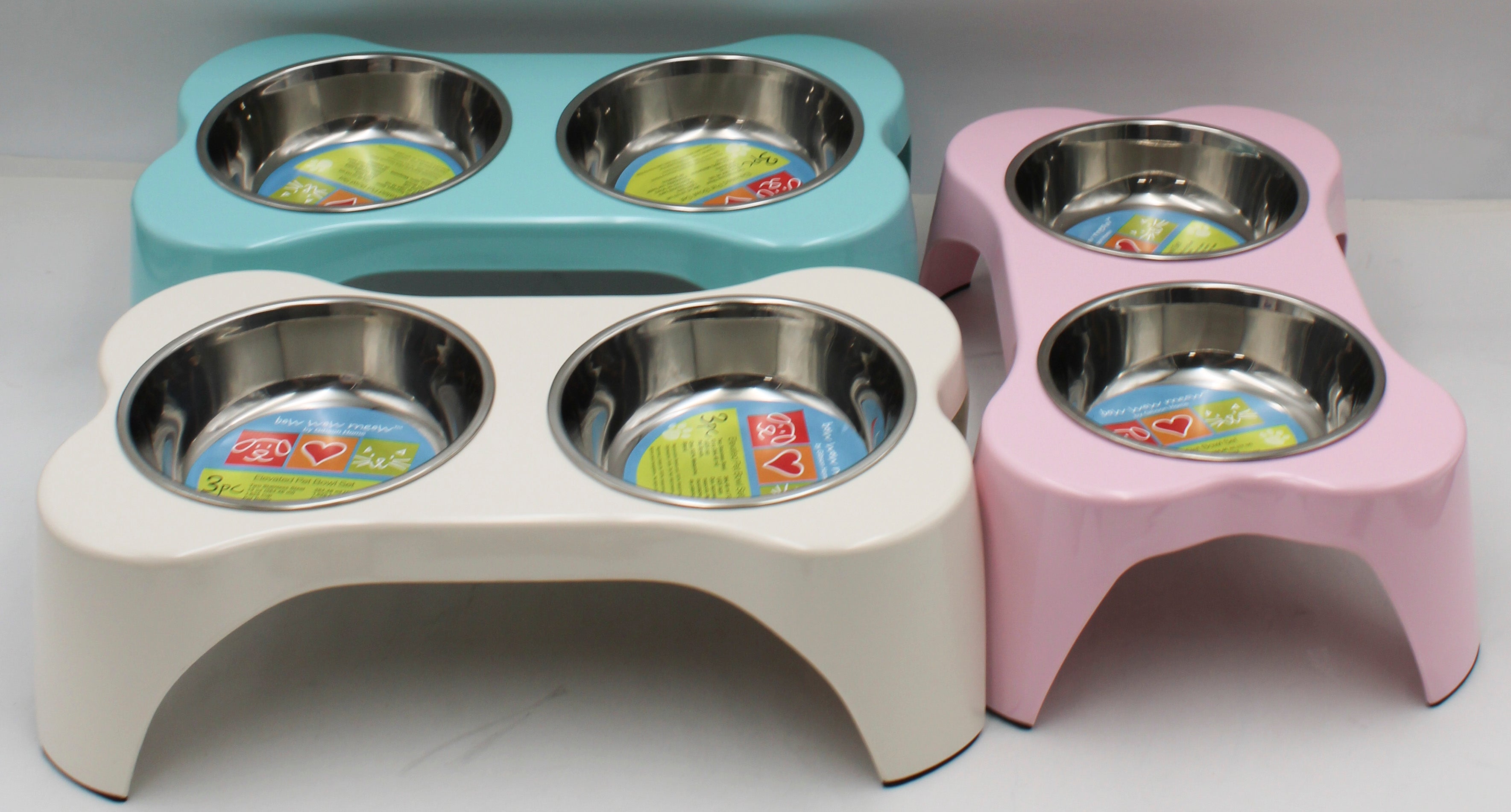 GIBSON HOME BOW WOW MEOW 3pc ELEVATED PET BOWL SET ASST. COLORS NI