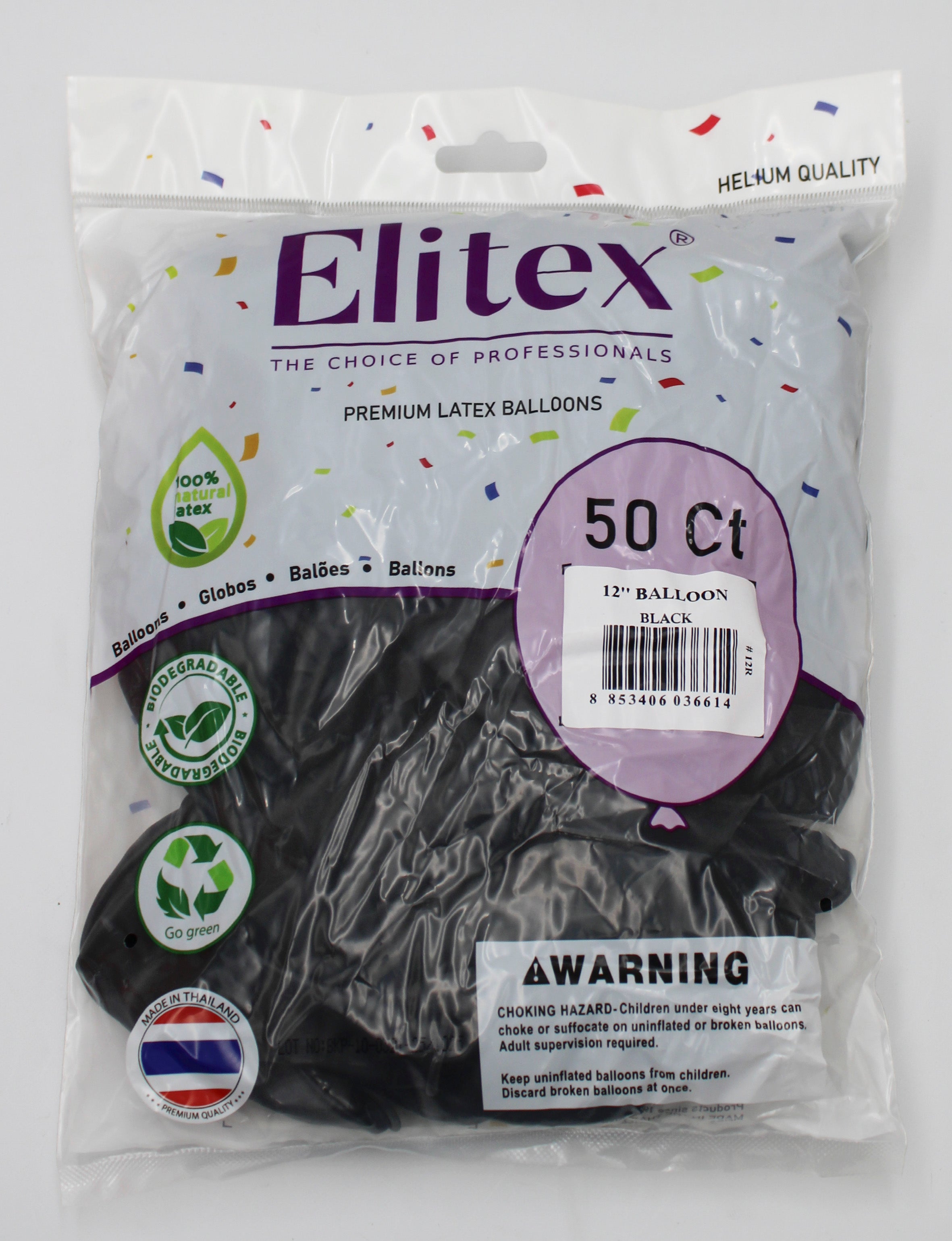 ELITEX 12" BLACK ROUND BALLOON, 50 PACK