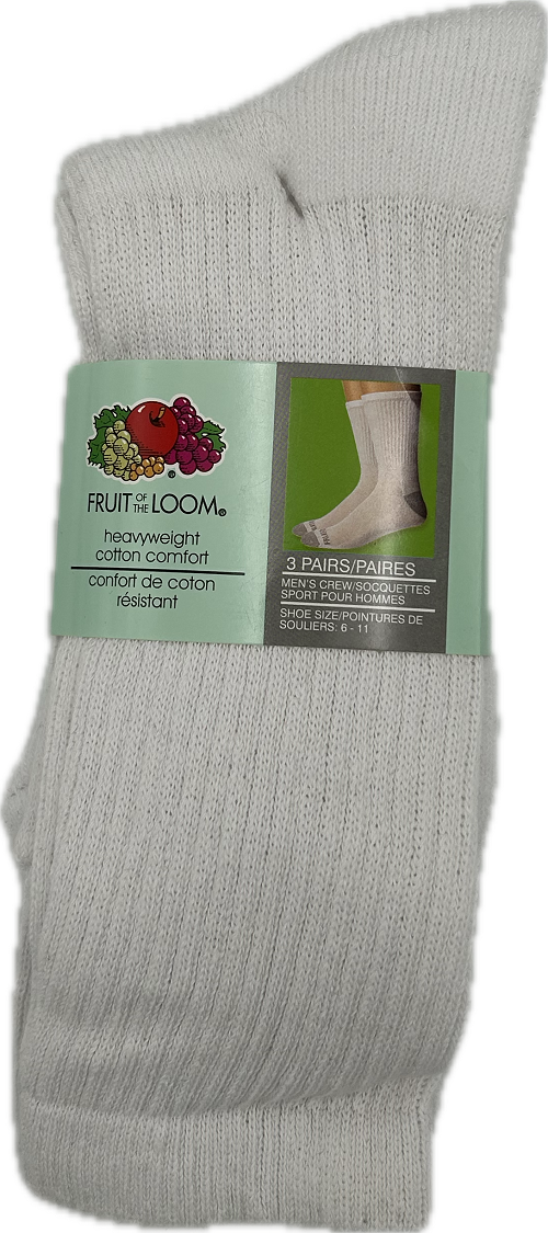 FRUIT OF THE LOOM MEN'S CREW SOCKS SIZE 6-11 3PK WHITE  NI