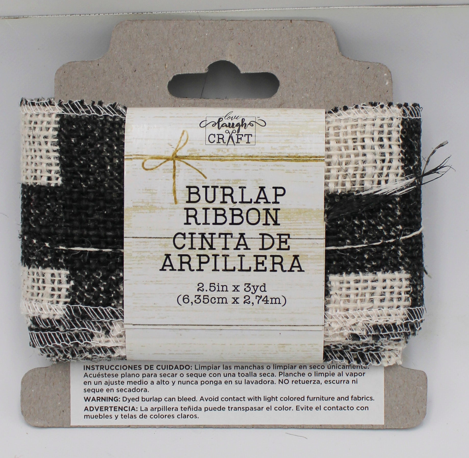 2.5 IN   X 3 YD   WHITE BURLAP RIBBON - FRAYED EDGES - BLACK SCREENPRINT BUFFALO CHECK