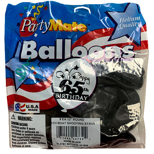 ROUND BALLON 12"/8CT-65TH BDAY/BLK.