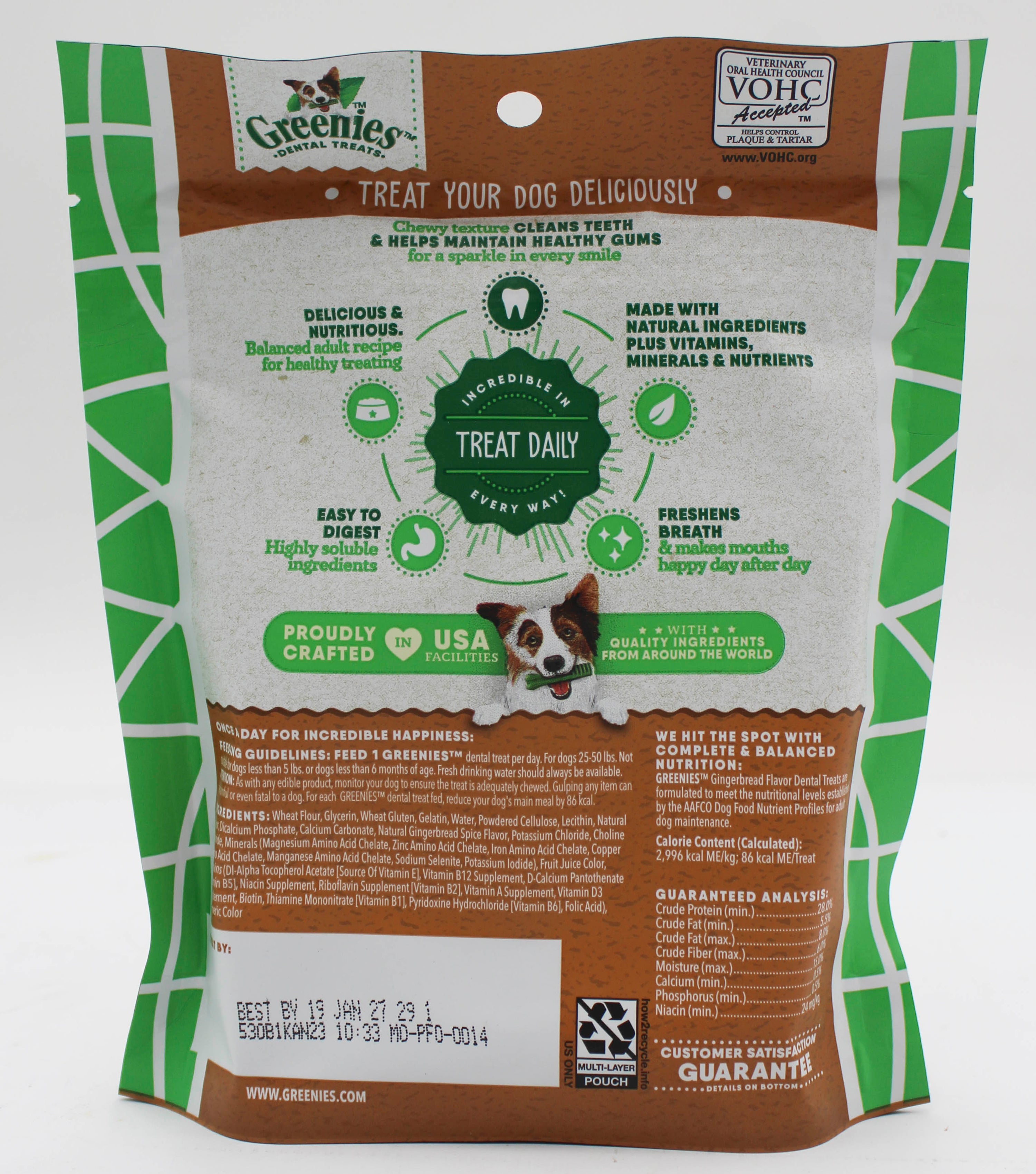 GREENIES GINGERBREAD FLAVOR LARGE SIZE DENTAL CARE DOG TREAT CHEWS 6 OZ (4 PK) BB 2/7/2027