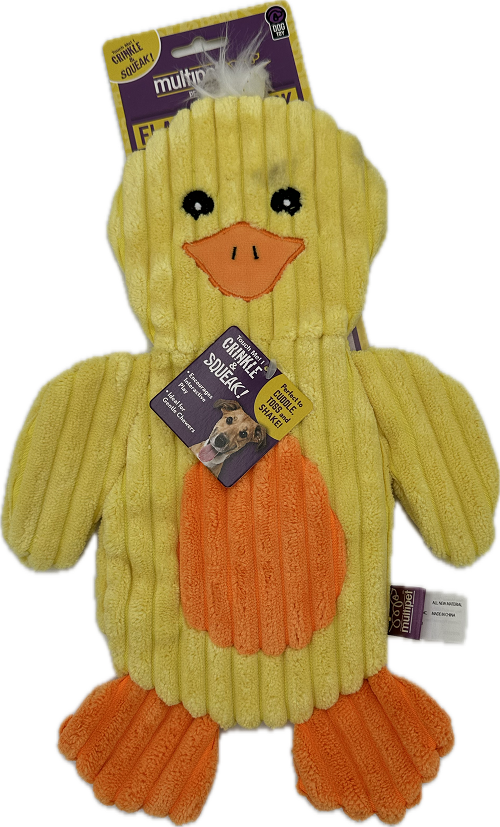 MULTI PET  DOG TOY FLAP JACKS CHICK CRINKLE & SQUEAK YELLOW W/ORANGE