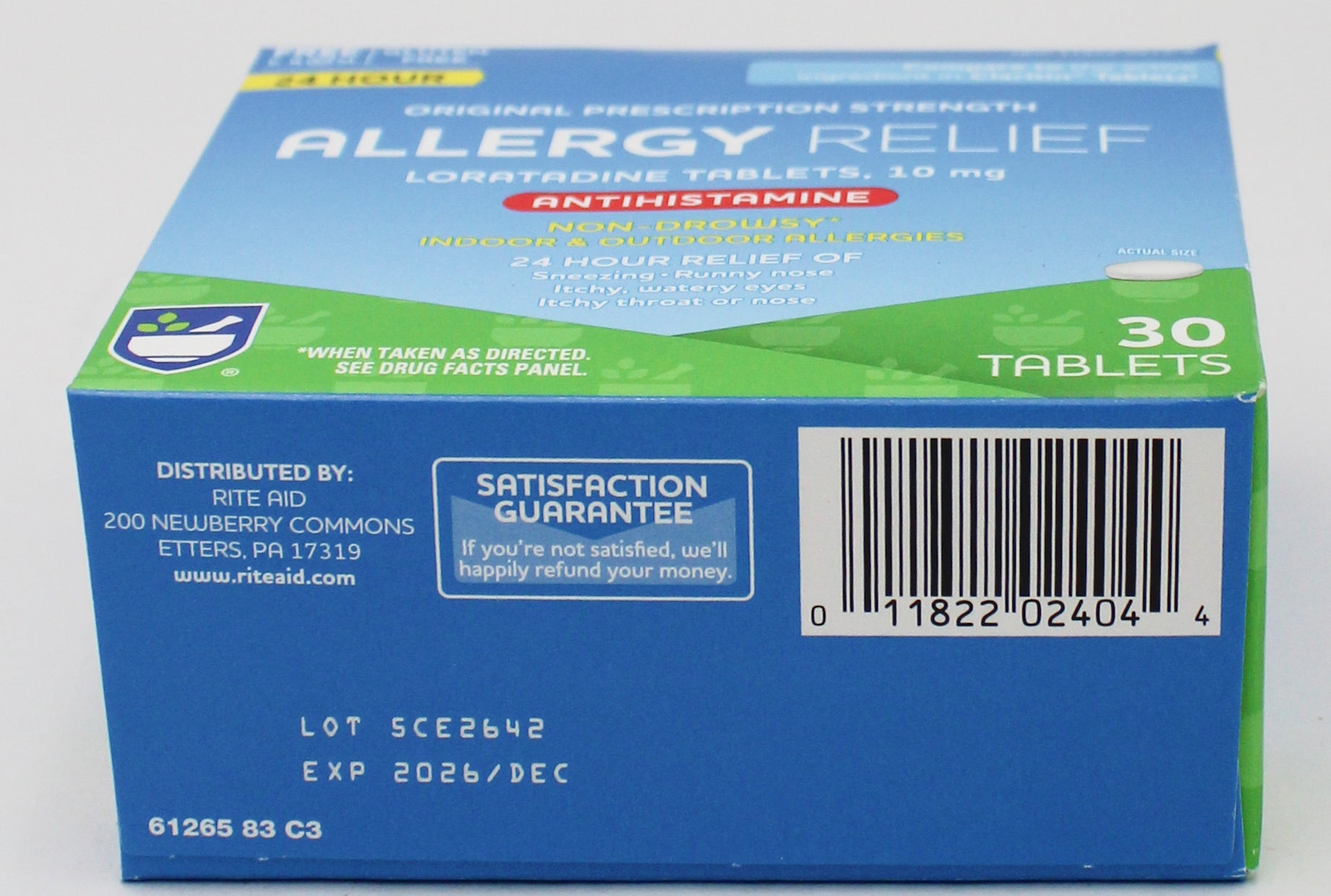 RITE AID 24HR ALLERGY RELIEF ANTHISTAMINE TABLETS 30ct EXP 12/31/2026 COMPARES TO Claritin