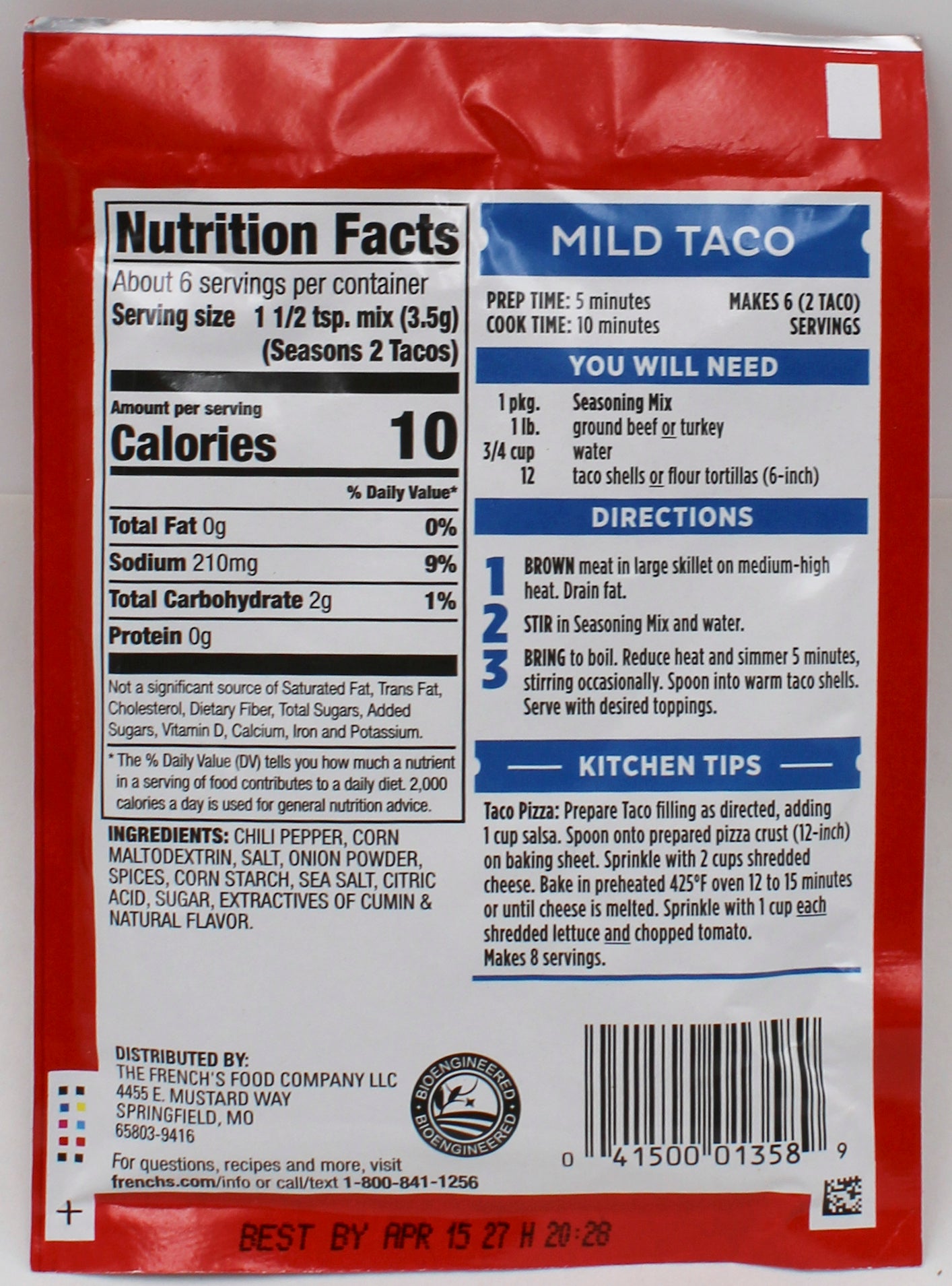 FRENCH'S TACO SEASONING MIX MILD .75 Oz BB 4/15/2027
