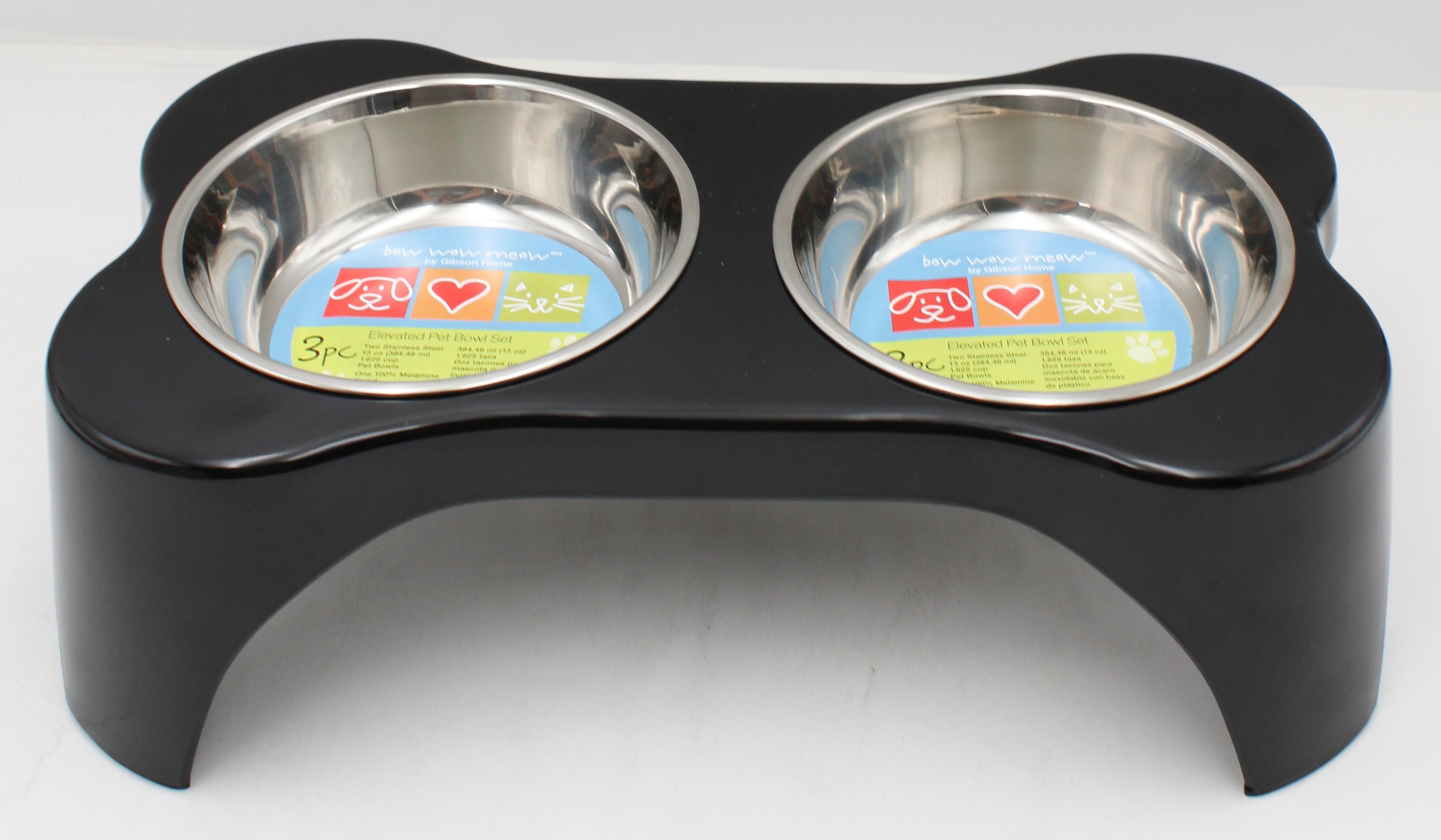 Gibson Home Bow Wow Meow 3pc Elevated Pet Bowl Set Black