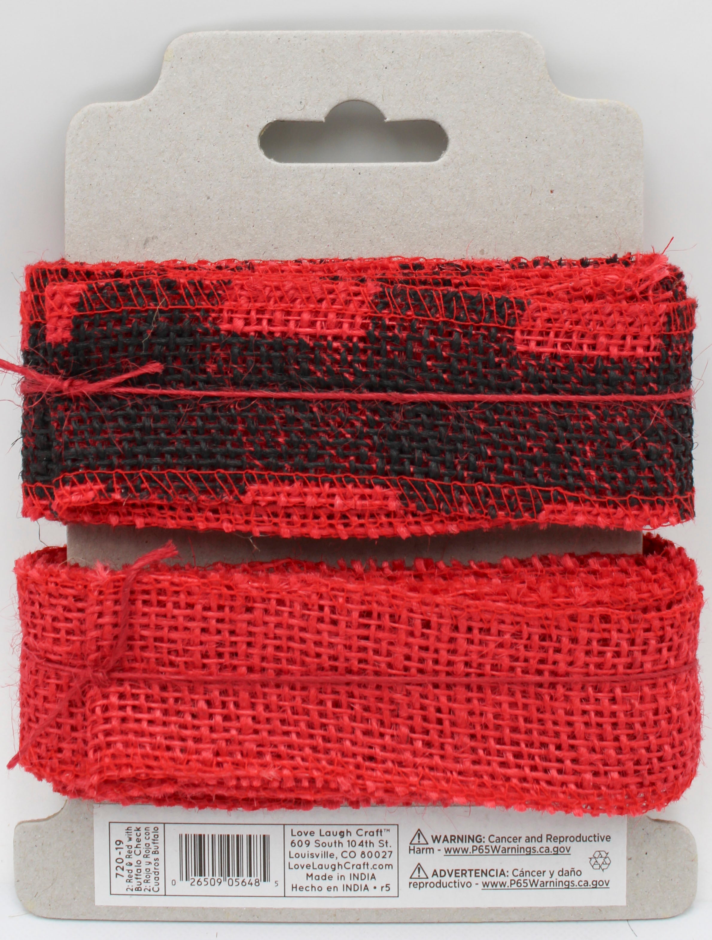 1.5 IN   X 3 YD   SET - RED BURLAP RIBBON AND BLACK SCREENPRINT BUFFALO CHECK RED RIBBON - FRAYED EDGES