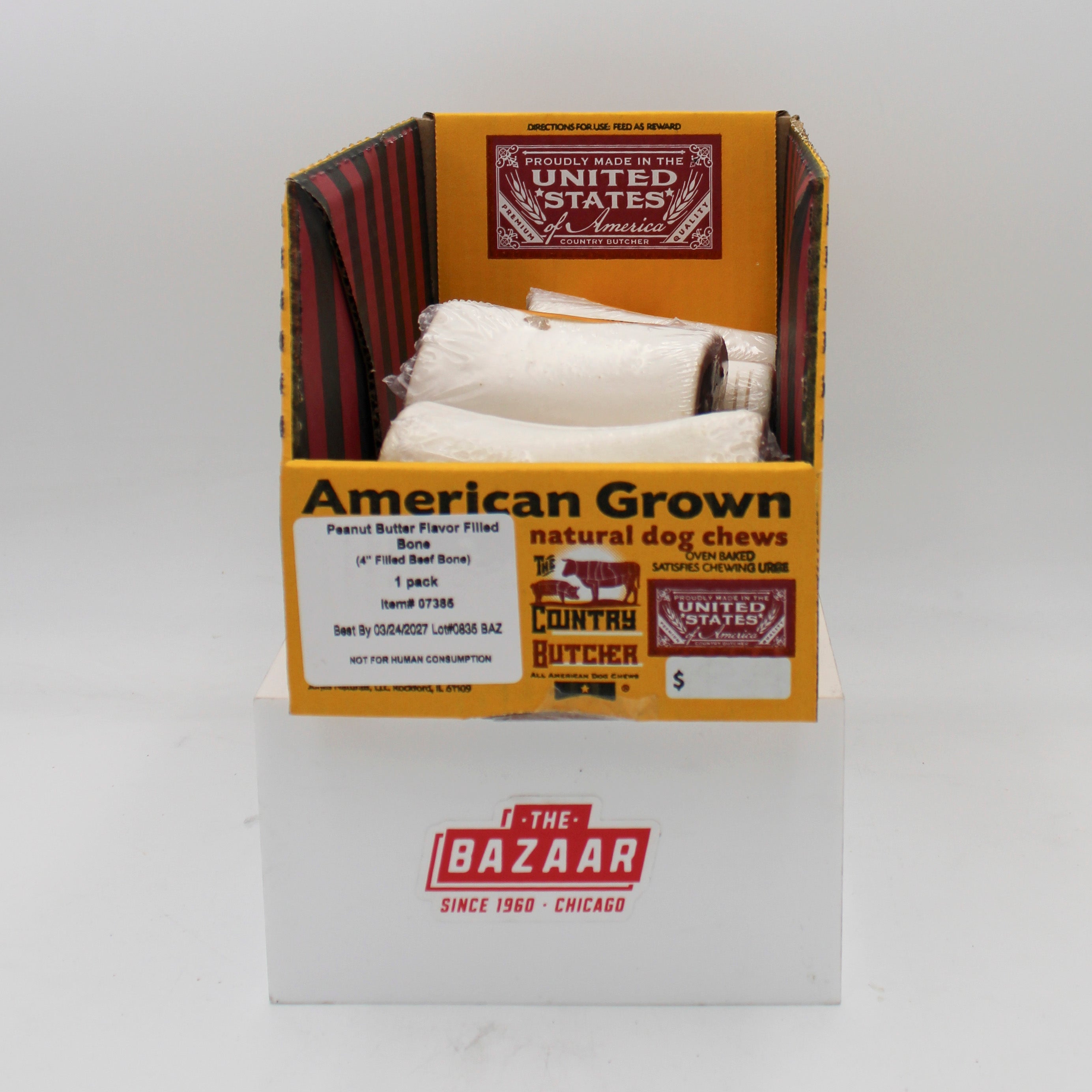 THE COUNTRY BUTCHER NATURAL DOG CHEWS PEANUT BUTTER 1CT FILLED BONE 6.4oz BB 03/24/27