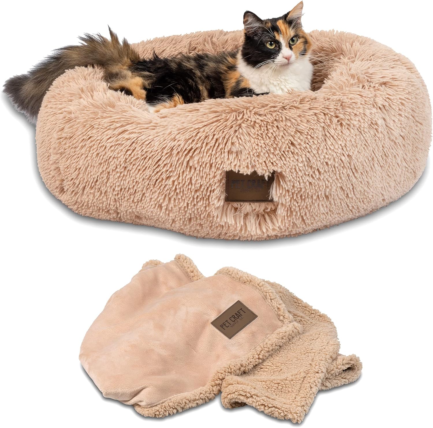 PET CRAFT SUPPLY ULTRA PLUSH CALMING BED & BLANKET 18"X18"  BROWN