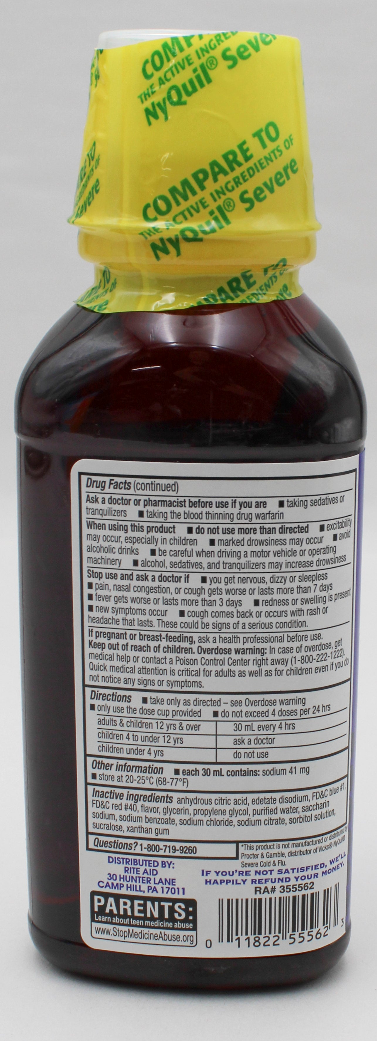 RITE AID NIGHTTIME SEVERE COLD & FLU RELIEF MAXIMUM STRENGTH BERRY 12oz EXP 11/30/2026 COMPARES TO NyQuil