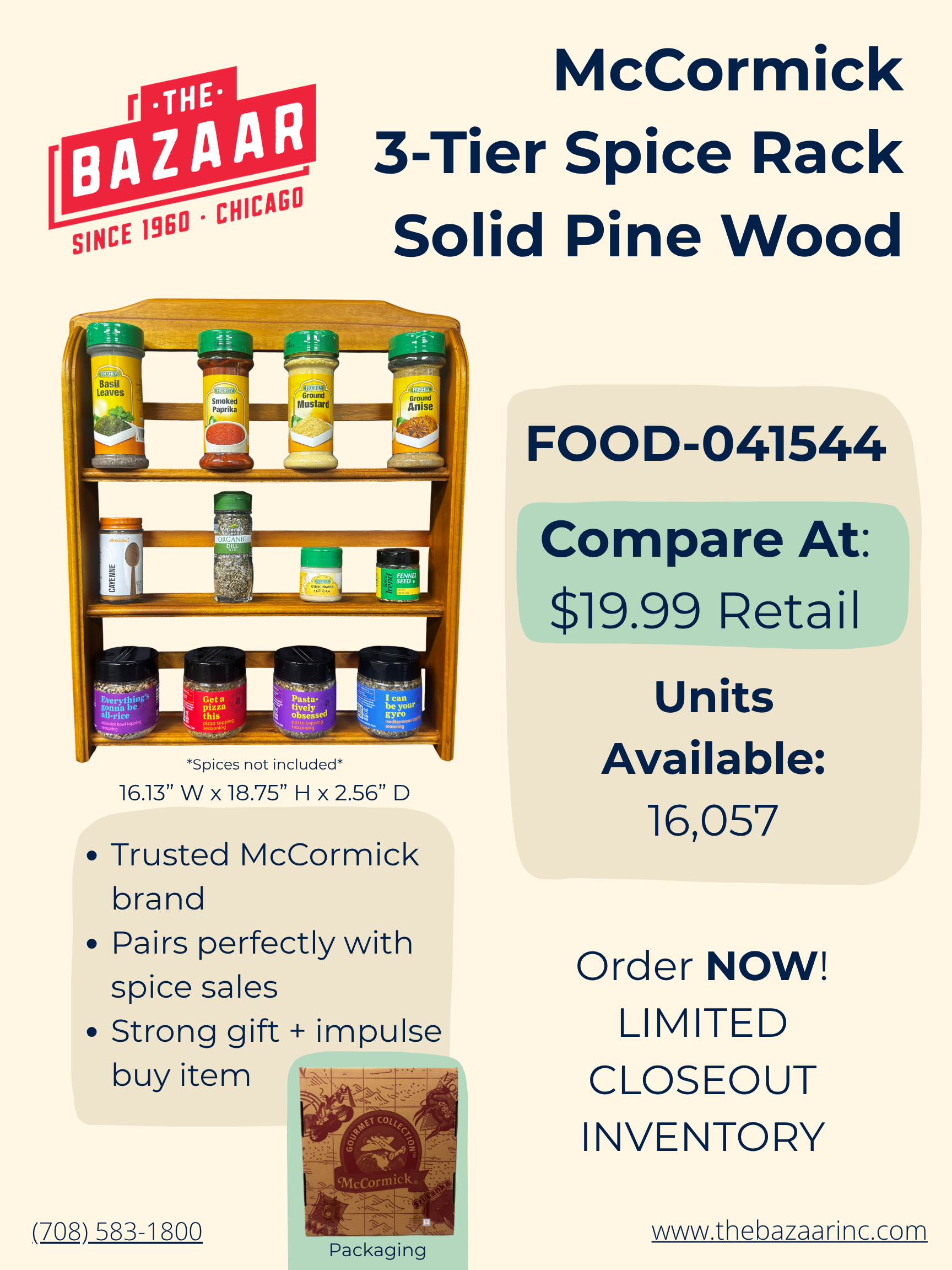 MCCORMICK 3-TIER SPICE RACK SOLID WOOD 16.13” W x 18.75” H x 2.56” D