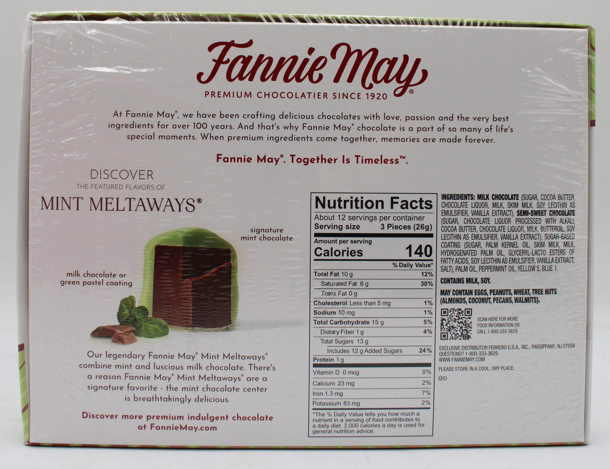 FANNIE MAY MILK CHOCOLATE MINT MELTAWAYS 11.5oz BB 10/16/27