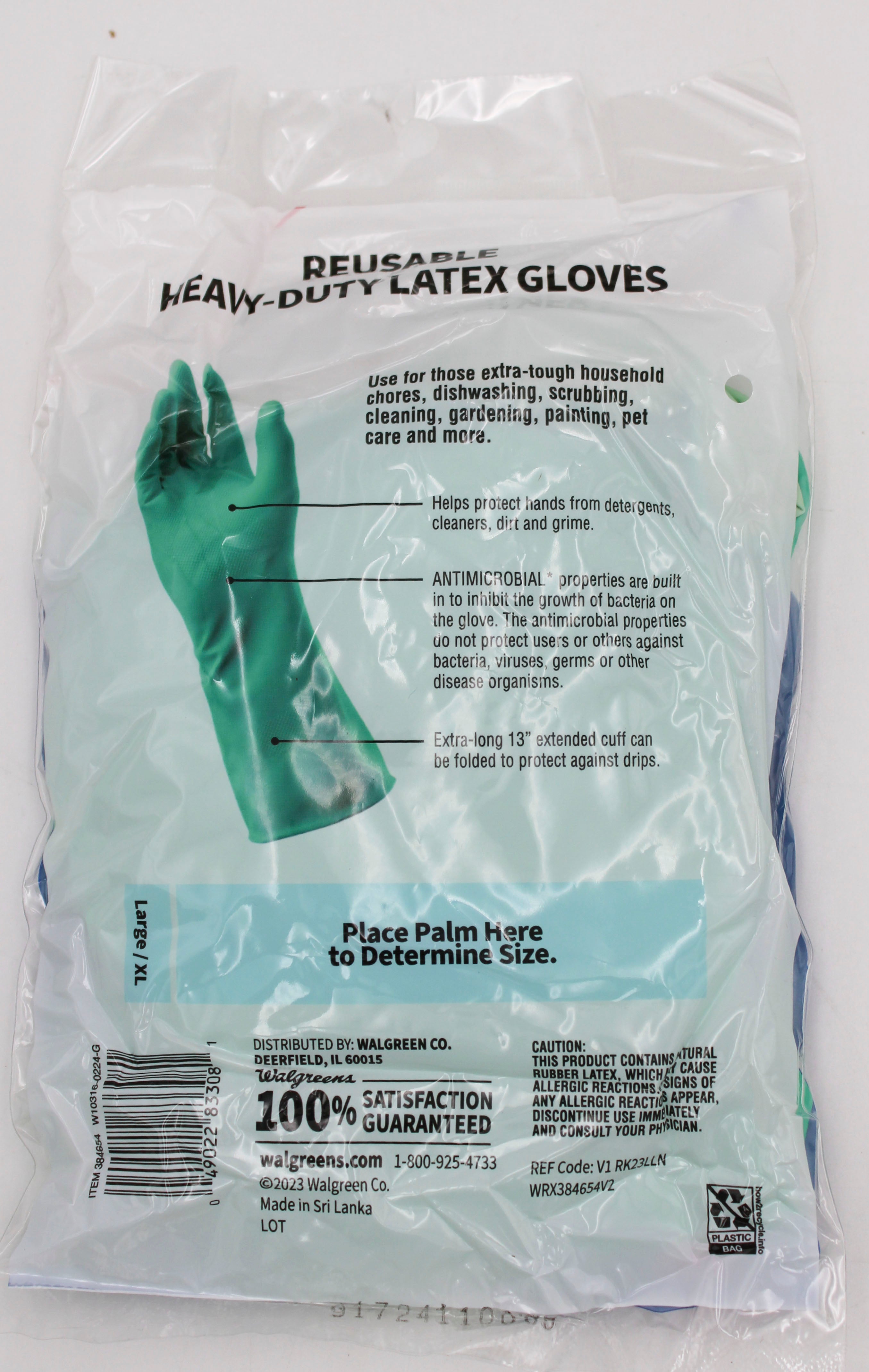 WALGREENS REUSABLE LATEX GLOVES, 13" cuff, 1PR, L/XL, NI