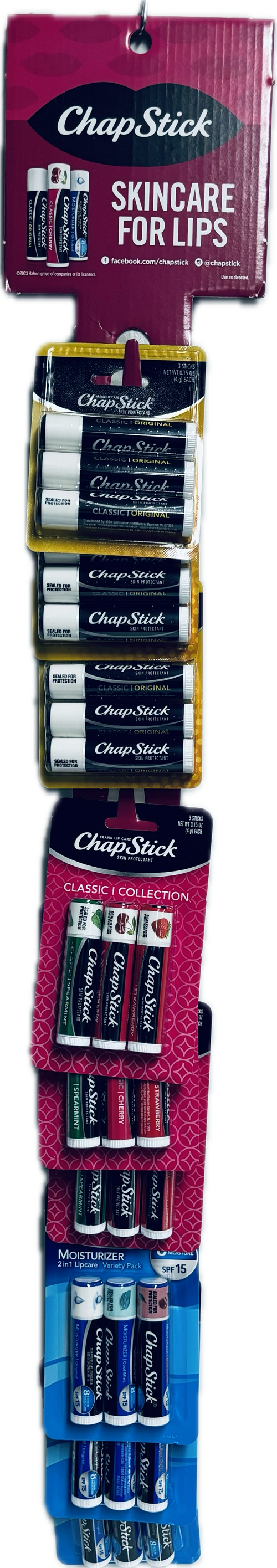 CHAP STICK SKINCARE FOR LIPS 3CT0.15oz STRIP HANGING DISPLAY ASSORTED EXP 02/2025