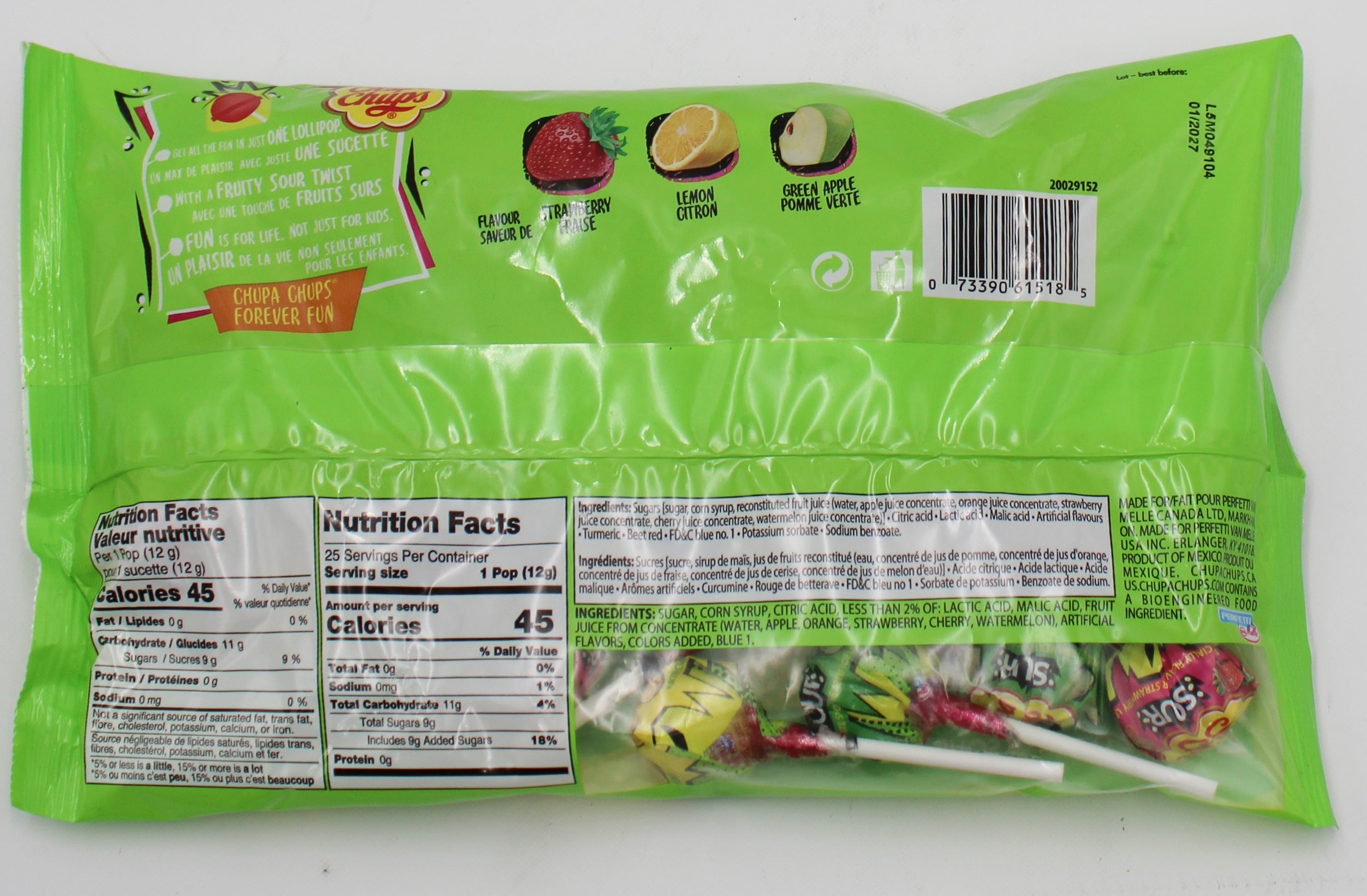 Chupa Chups Lollipops Sour Fruit 25ct Laydown Bag