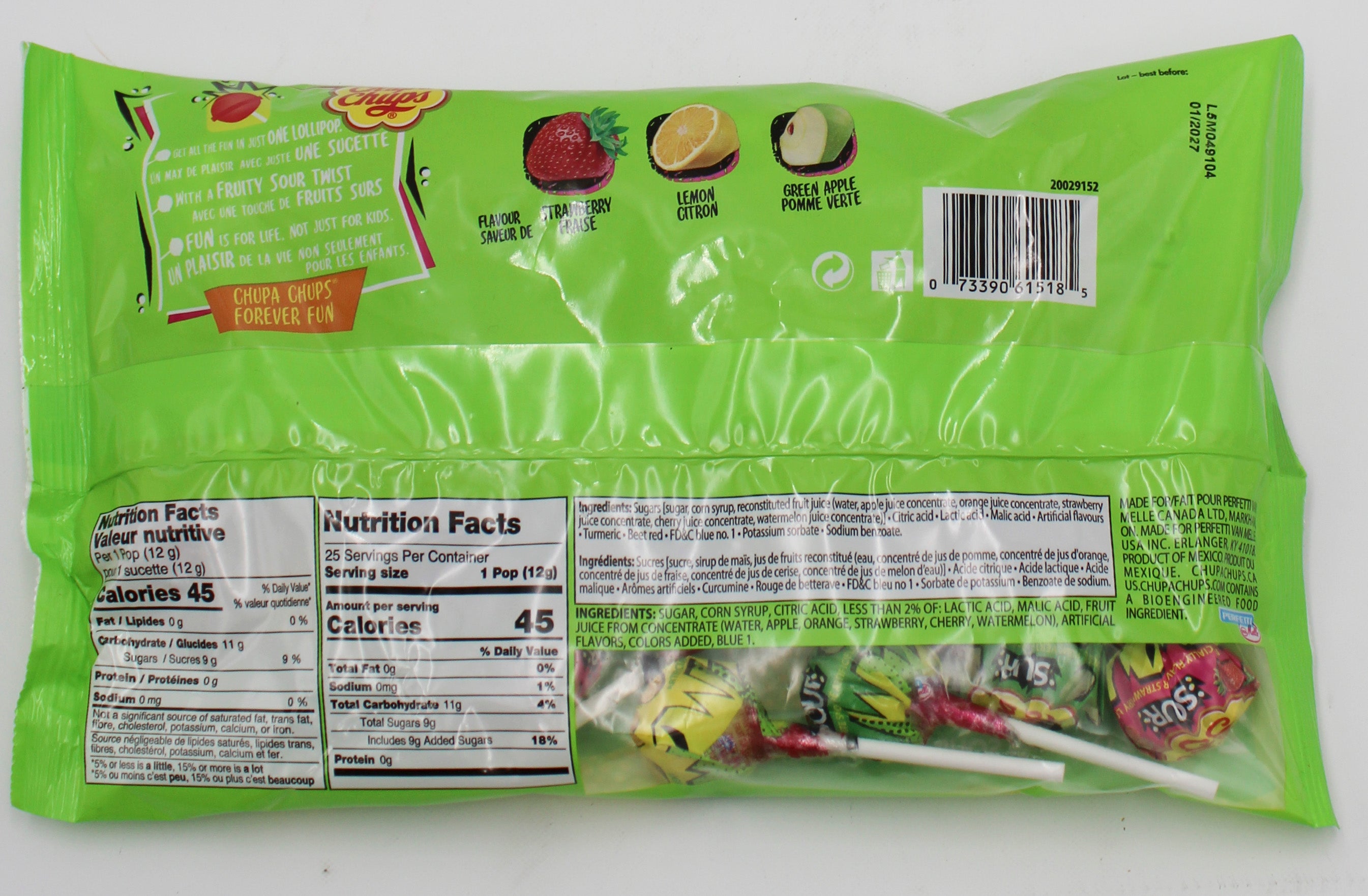 Chupa Chups Lollipops Sour Fruit 25ct Laydown Bag