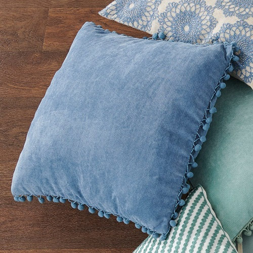 BLUE POM POM 18" PILLOW COVER