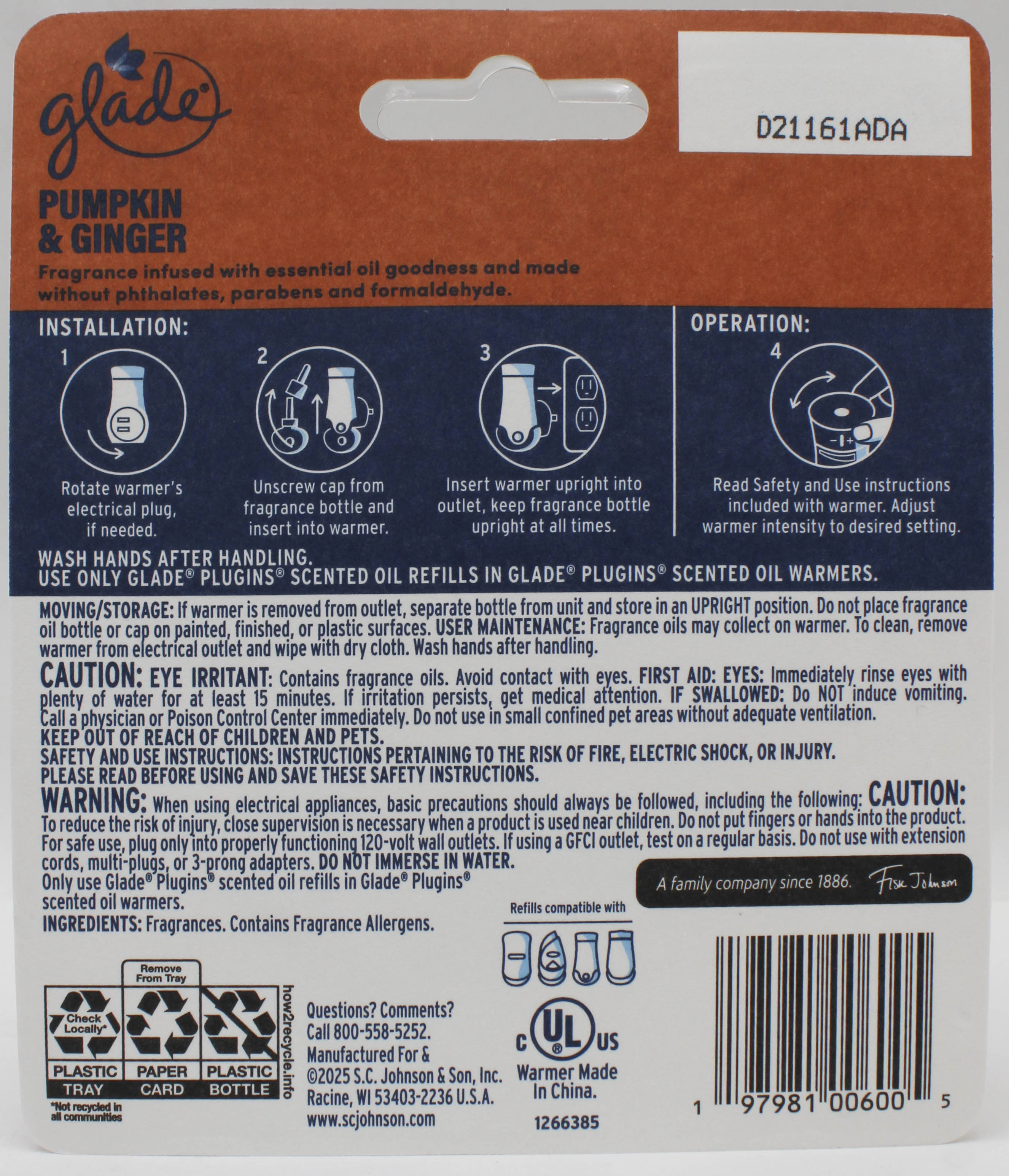Glade Plug-In Scented Oil Pumpkin Refill + Warmer 0.84oz