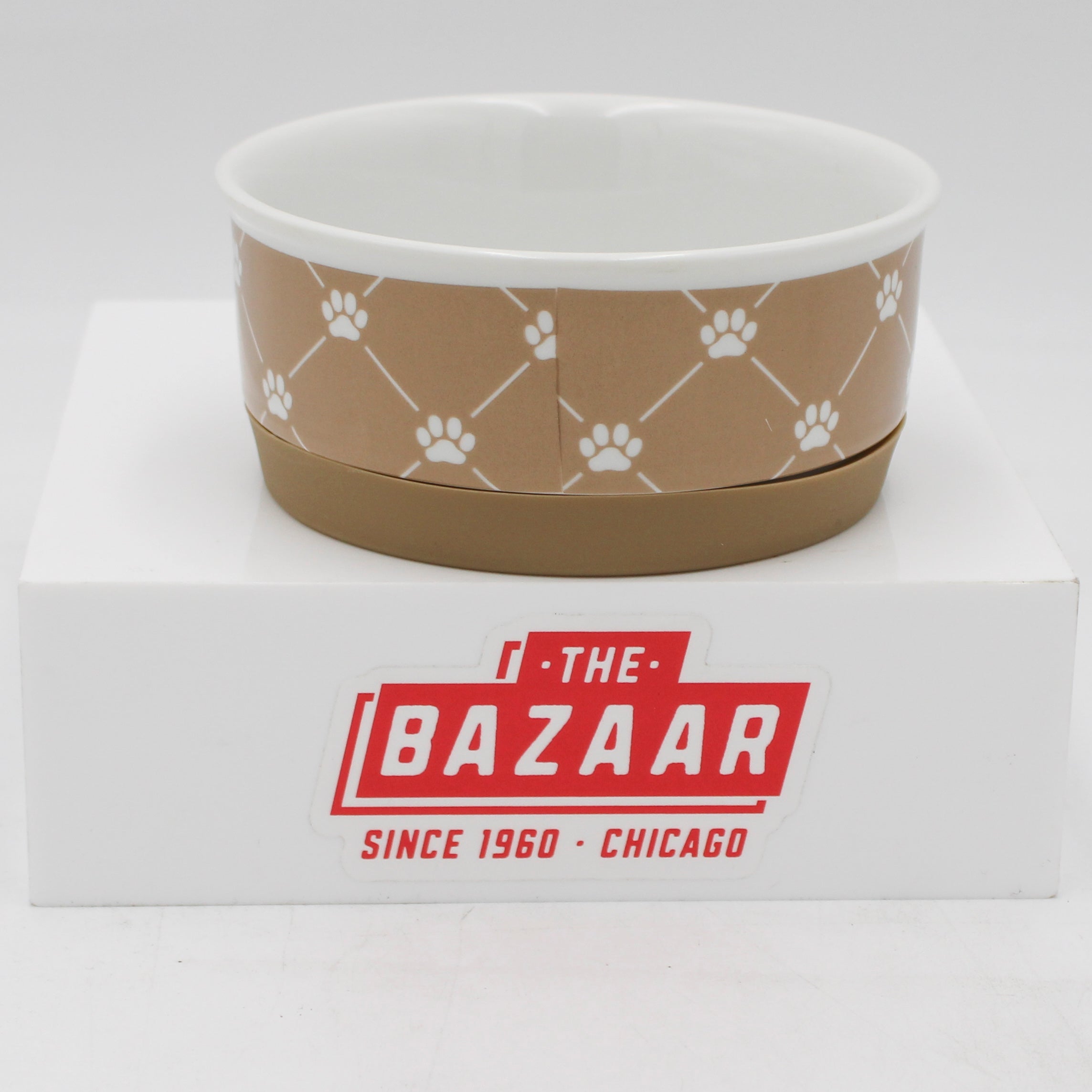 PET BOWL - TRELLIS PAW TAUPE - SMALL 4.25Dx2H