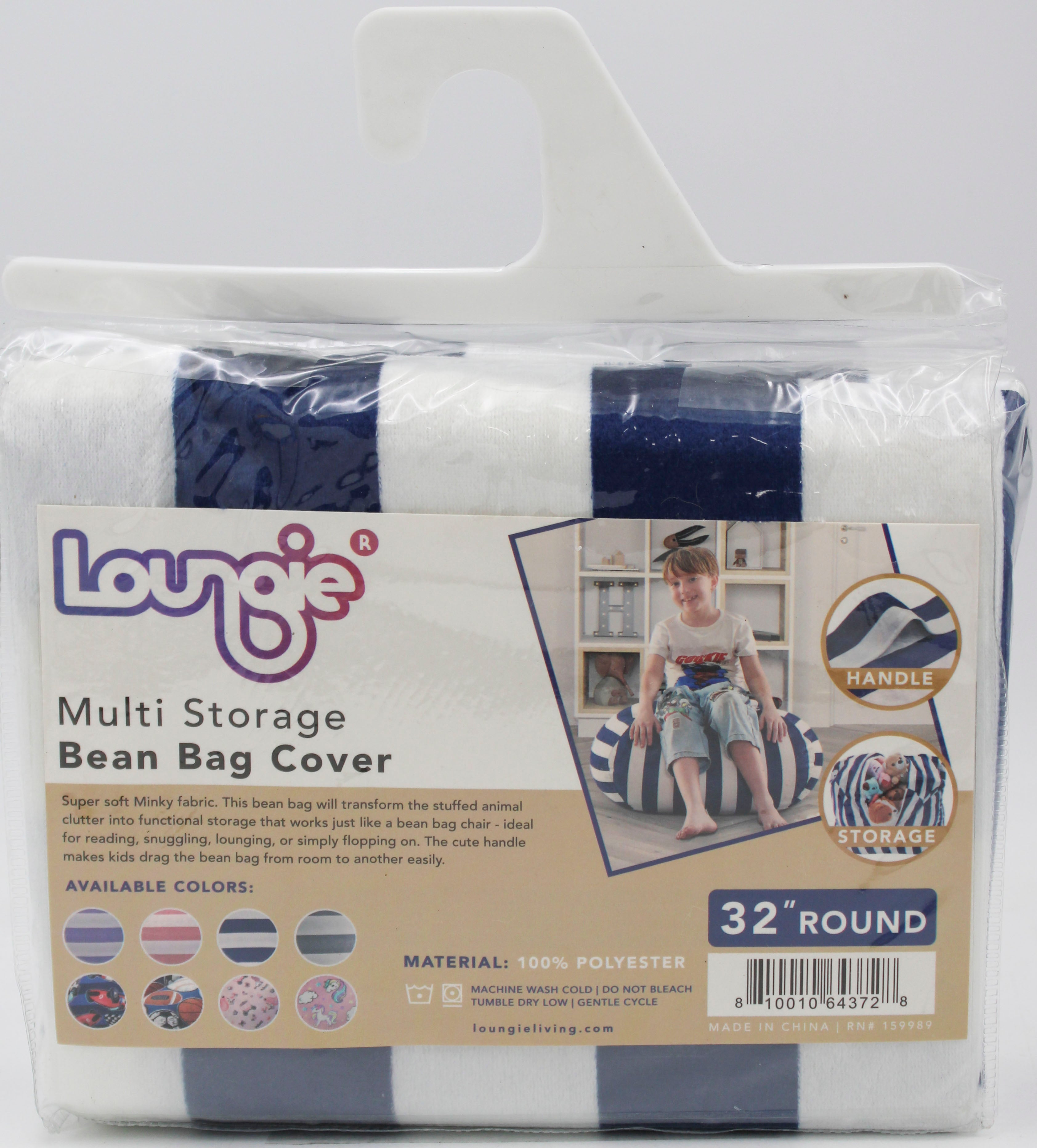 Loungie Bean Bag Cover - Stuffed Animal Storage Bean Bag Cover, 32 Inch Round, Striped, Navy and White