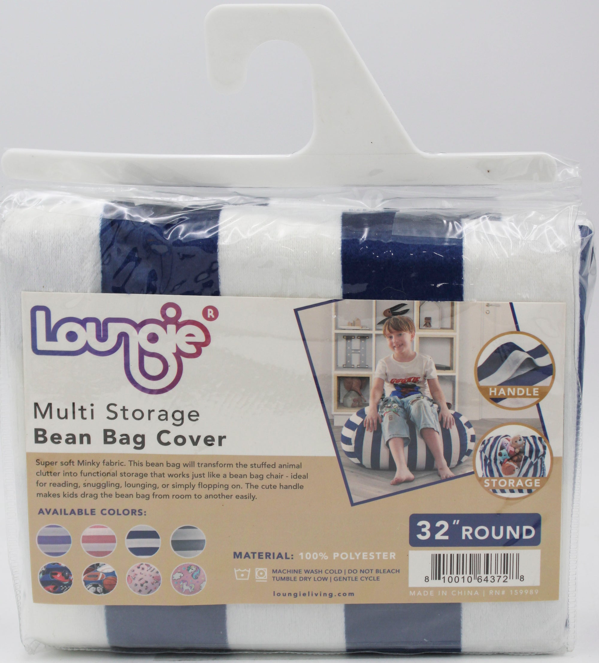 Loungie Bean Bag Cover - Stuffed Animal Storage Bean Bag Cover, 32 Inch Round, Striped, Navy and White