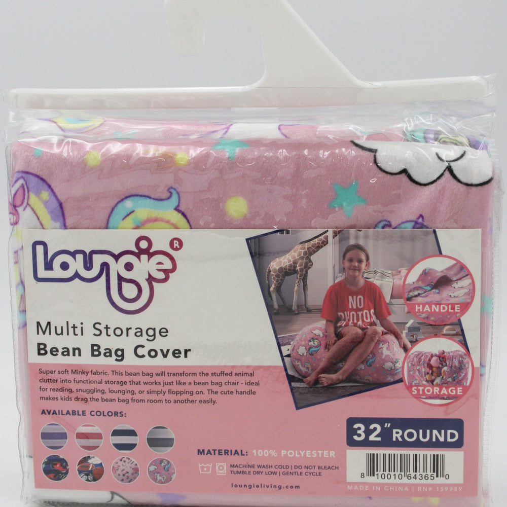 Loungie Stuffed Animal Storage Bean Bag, Fillable Zippered Bean Bag Cover, 32 x 32 Inches, Light Pink Unicorn