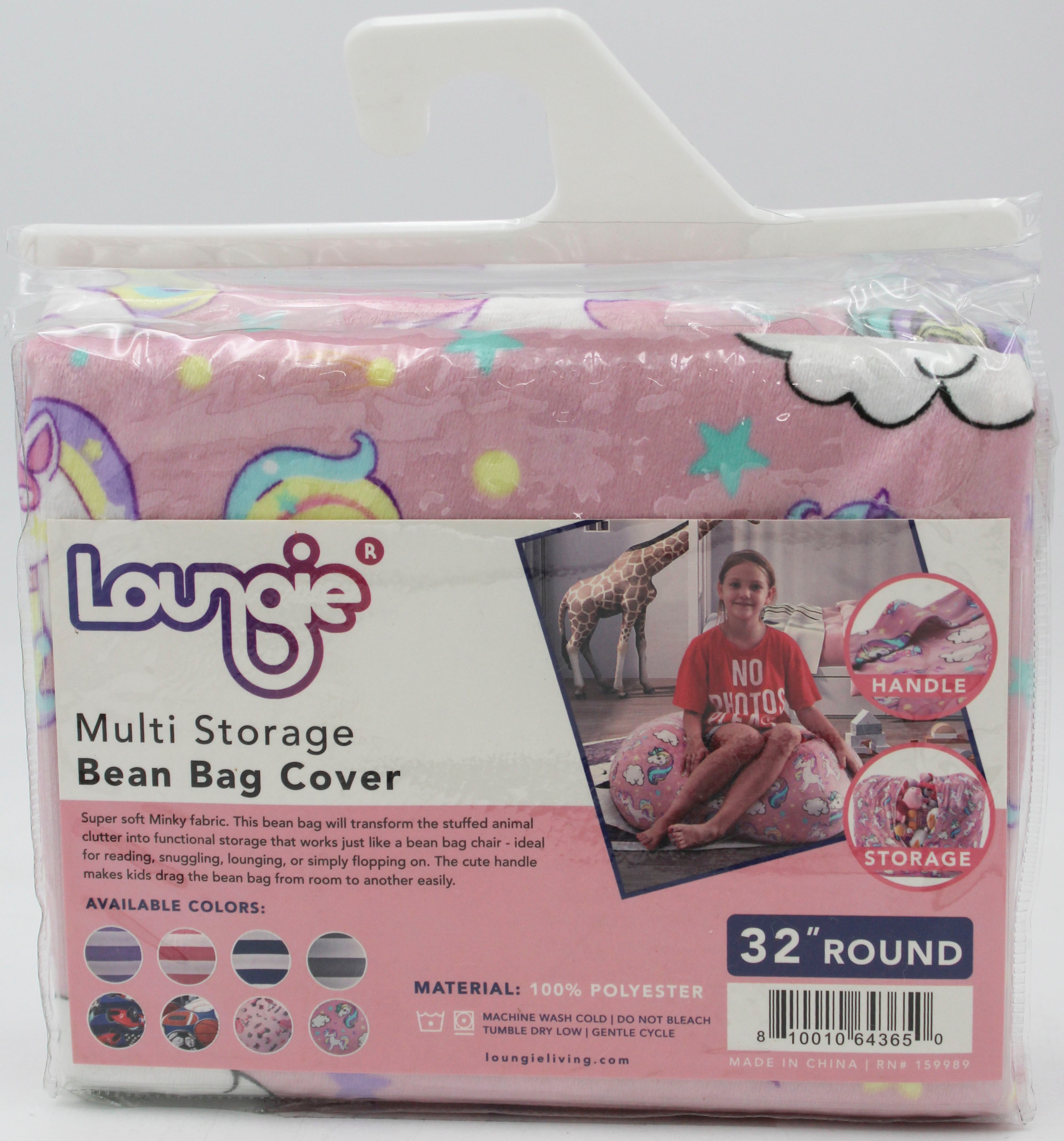 Loungie Stuffed Animal Storage Bean Bag, Fillable Zippered Bean Bag Cover, 32 x 32 Inches, Light Pink Unicorn