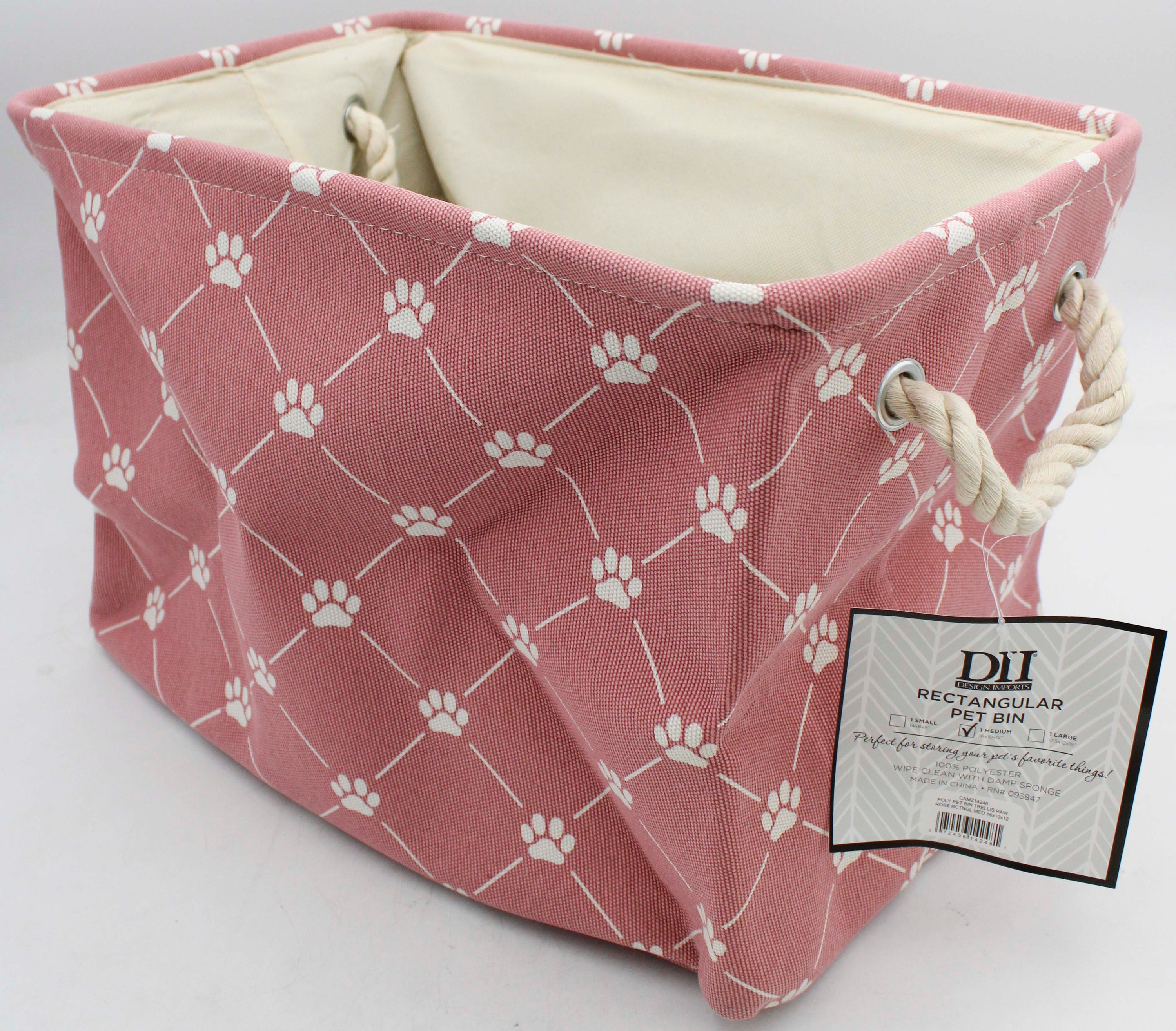 POLYESTER PET BIN TRELLIS PAW ROSE RECTANGLE MEDIUM 16x10x12