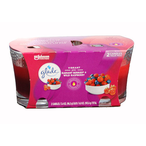 GLADE 1 WICK CANDLE 2PK 3.4OZ- 2-IN-1 RADIANT BERRIES+WILD RASPBERRY