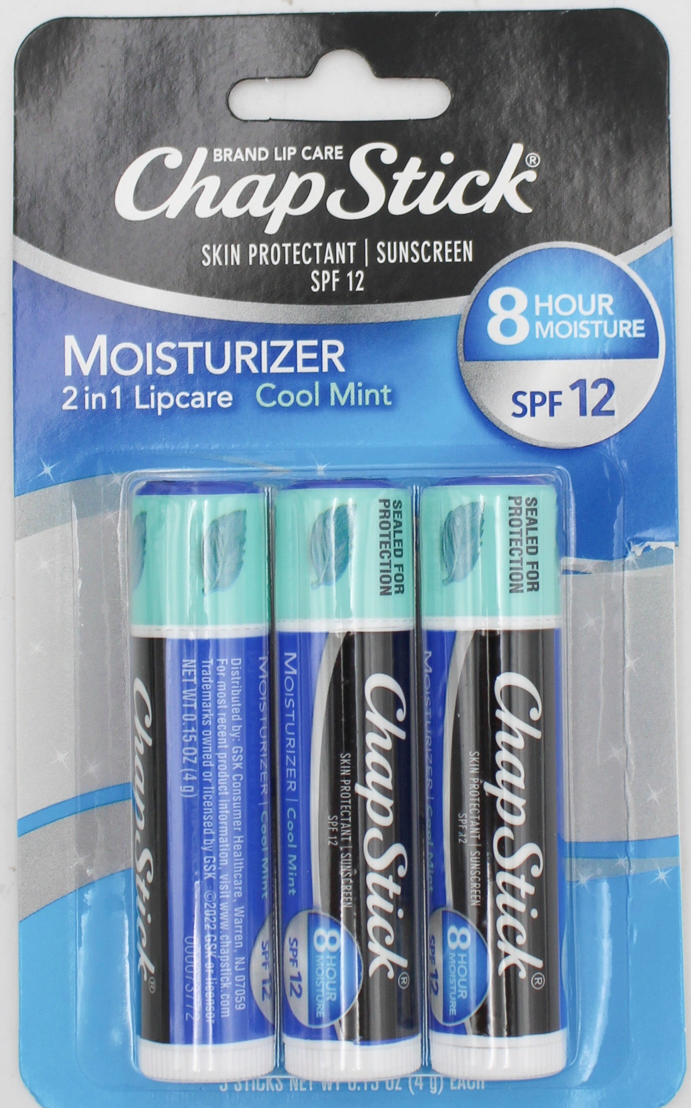 CHAPSTICK MOISTURIZER LIP BALM MINT SPF12 3ct 0.45oz EXP 4/30/2026