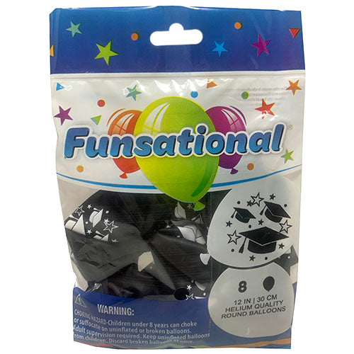 HELIUM BALLOON 12"/8CT-GRADUATN/BLK