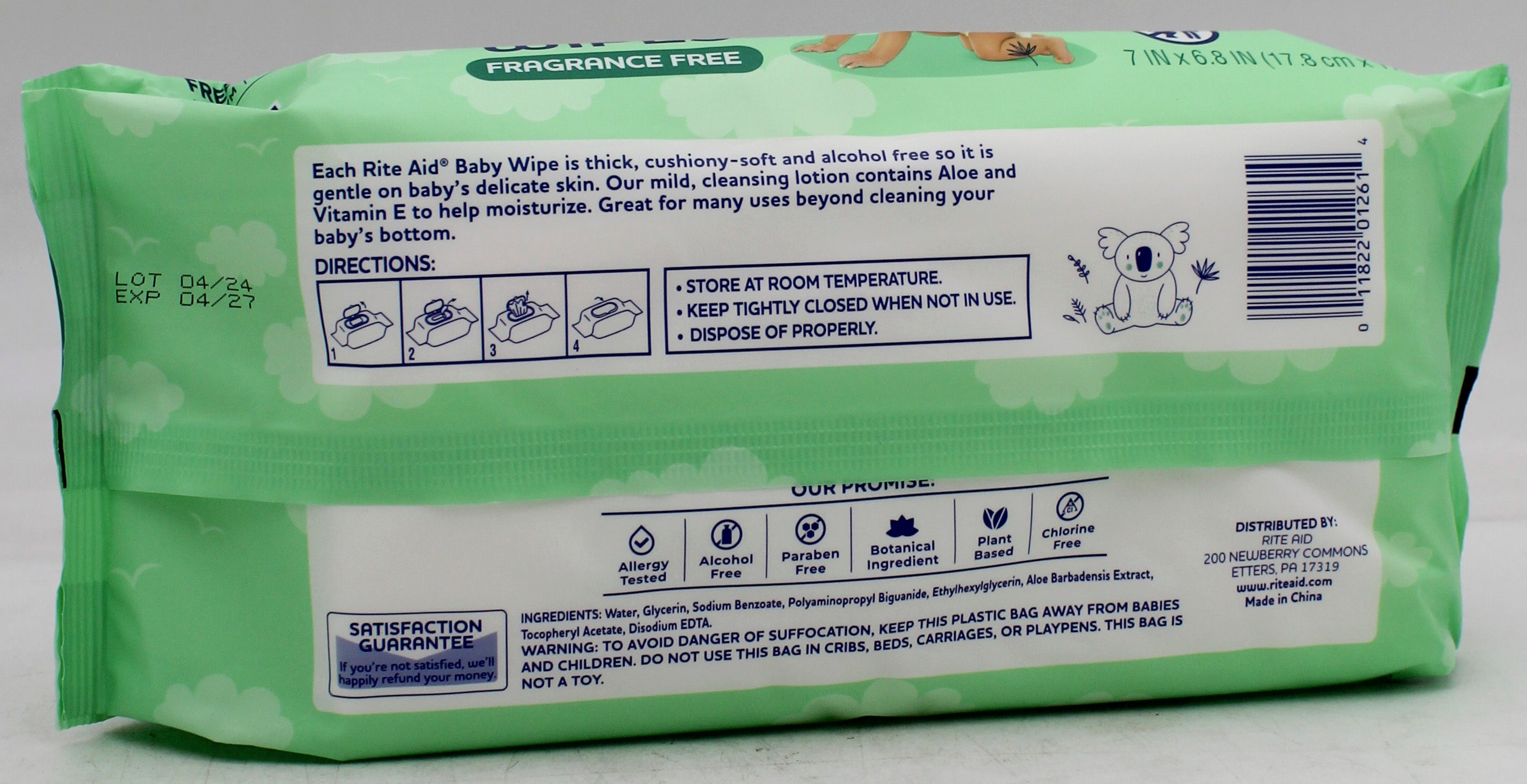 RITE AID BABY WIPES FRAGRANCE FREE 72CT EXP 4/2027