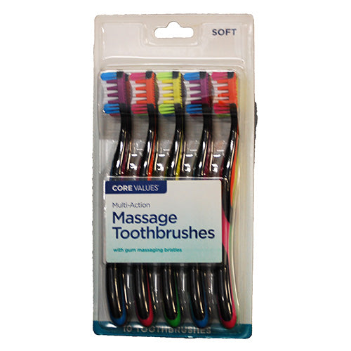 CORE VALUES MASSAGE TOOTHBRUSHES W/GUM MASSAGING BRISTLES 10PK-SOFT