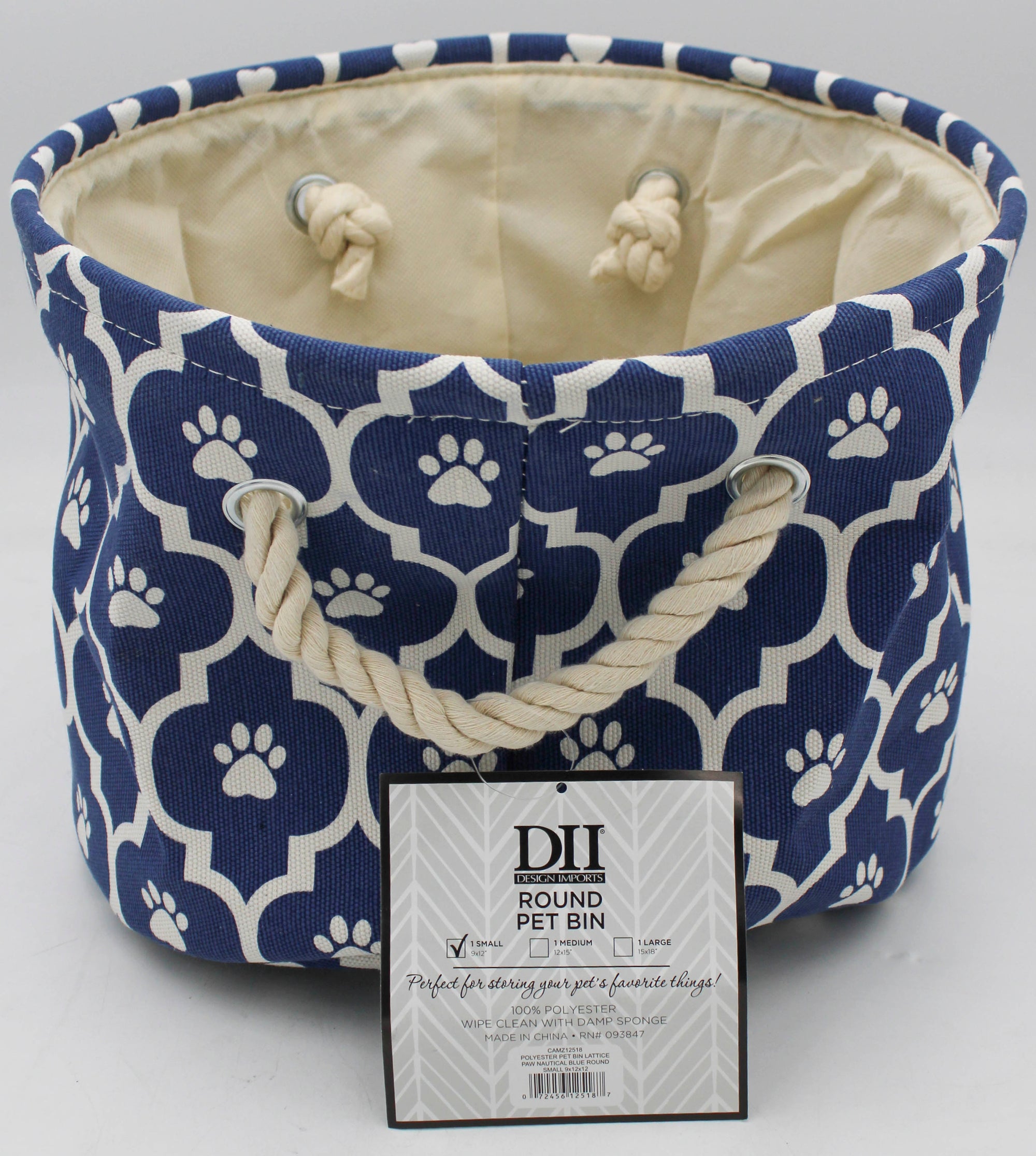 POLYESTER PET BIN LATTICE PAW NAUTICAL BLUE ROUND SMALL 9x12x12.