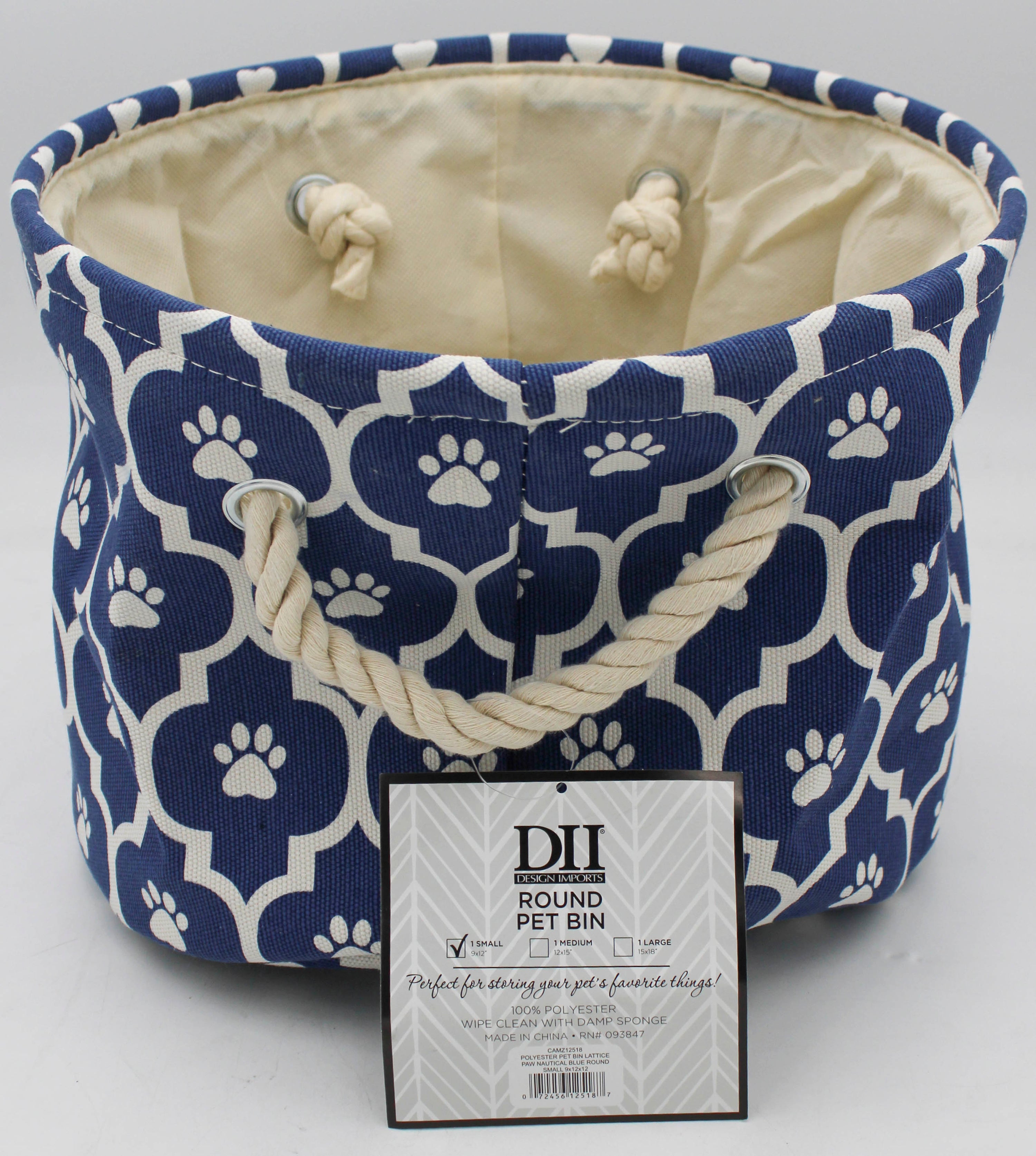 POLYESTER PET BIN LATTICE PAW NAUTICAL BLUE ROUND SMALL 9x12x12.