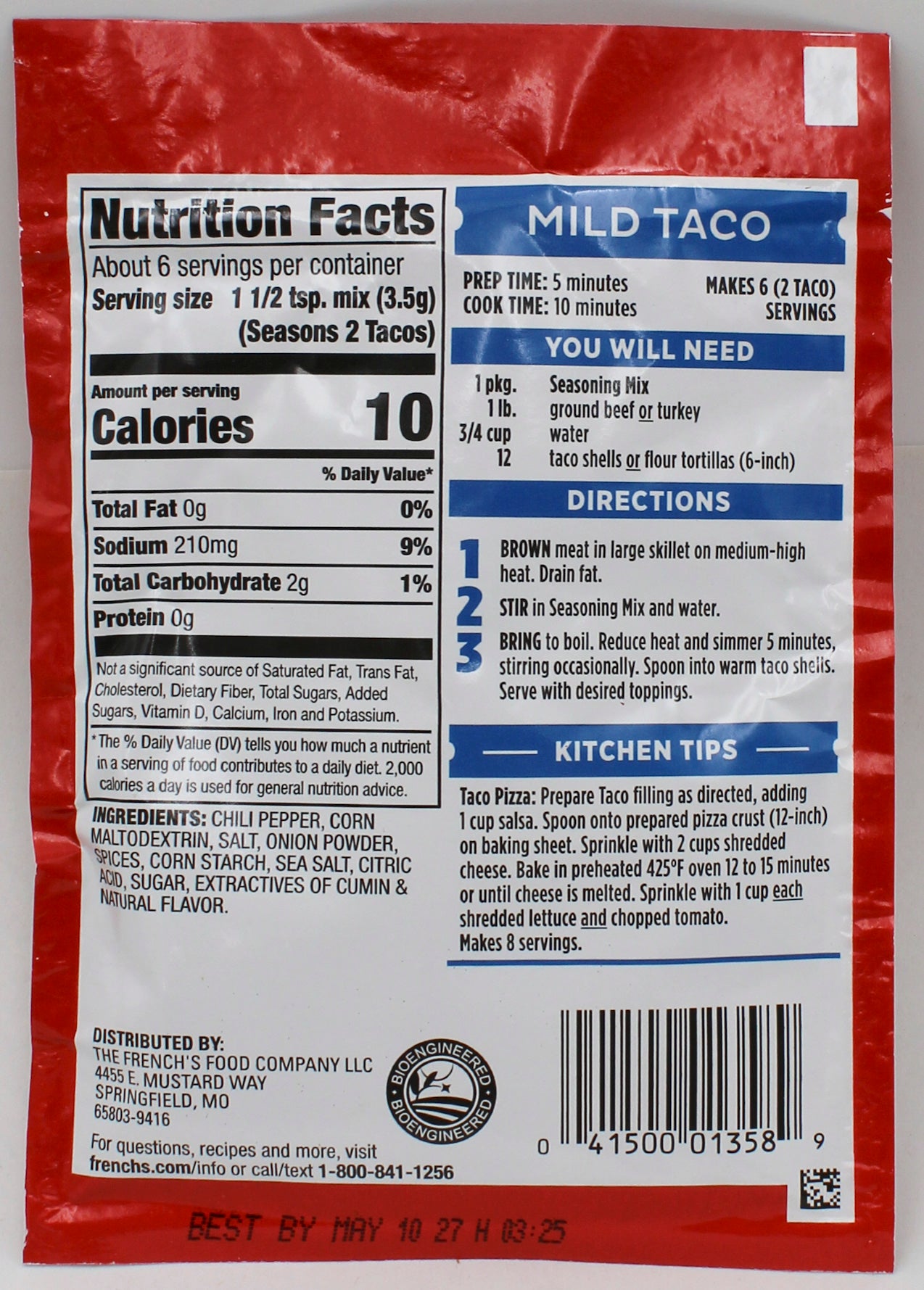 FRENCH'S TACO SEASONING MIX MILD .75 Oz BB 5/10/2027