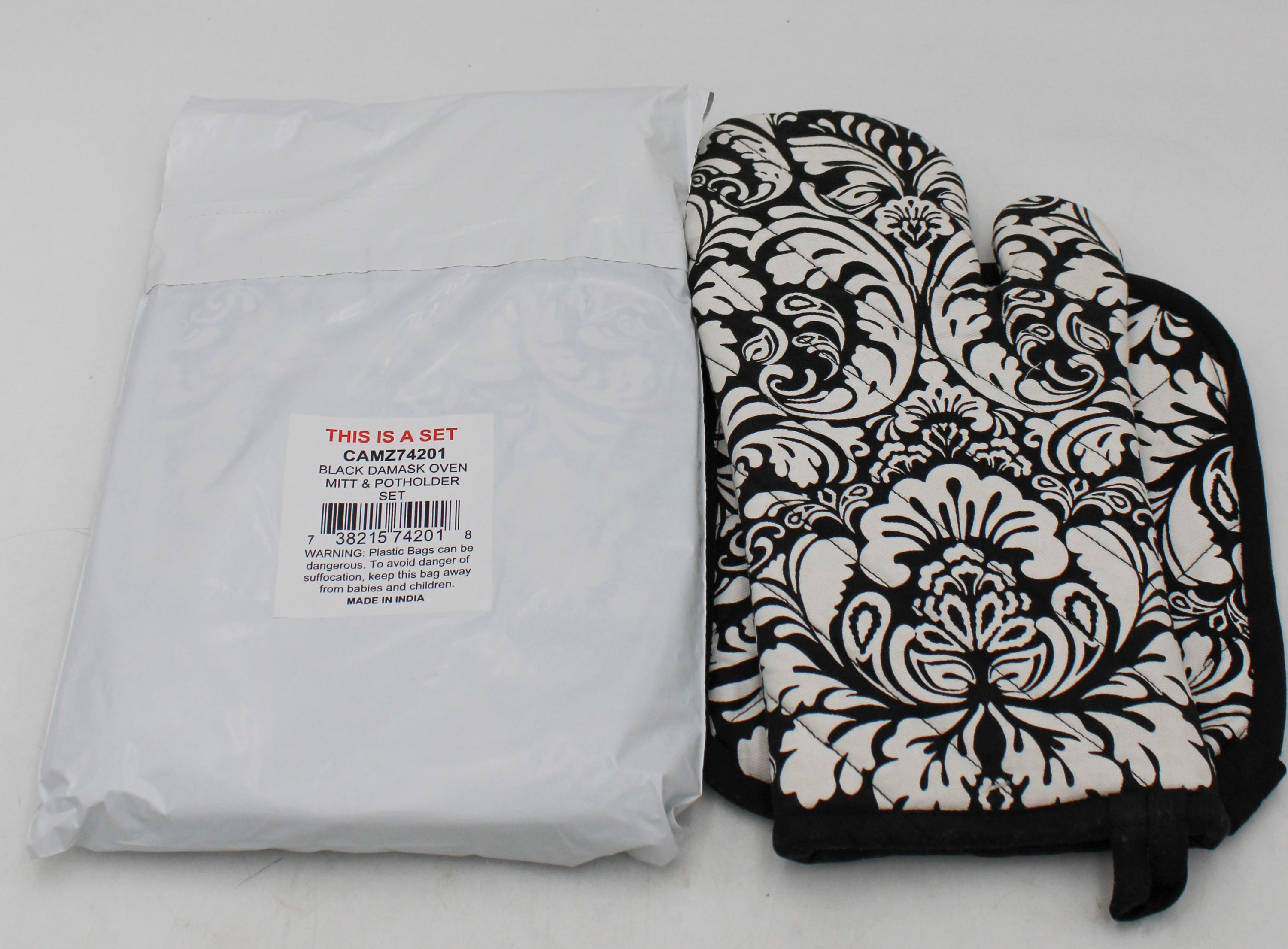 2 CT OVEN MITT & POTHOLDER SET -BLACK DAMASK