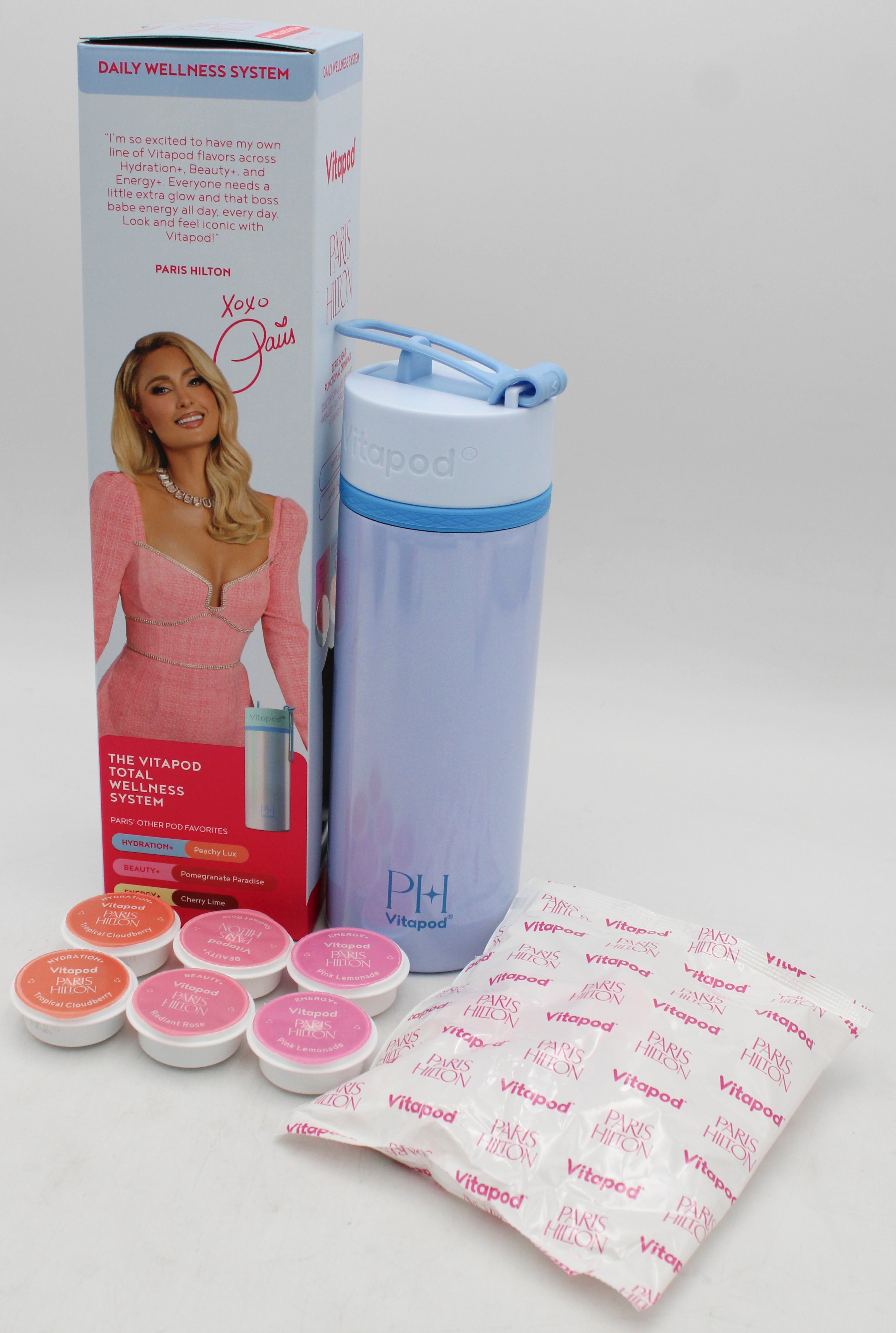 PARIS HILTON 22OZ HYDRATION BOTTLE W/ STRAW + 6 VITAPODS SYSTEM - BLUE EXP-09/2026