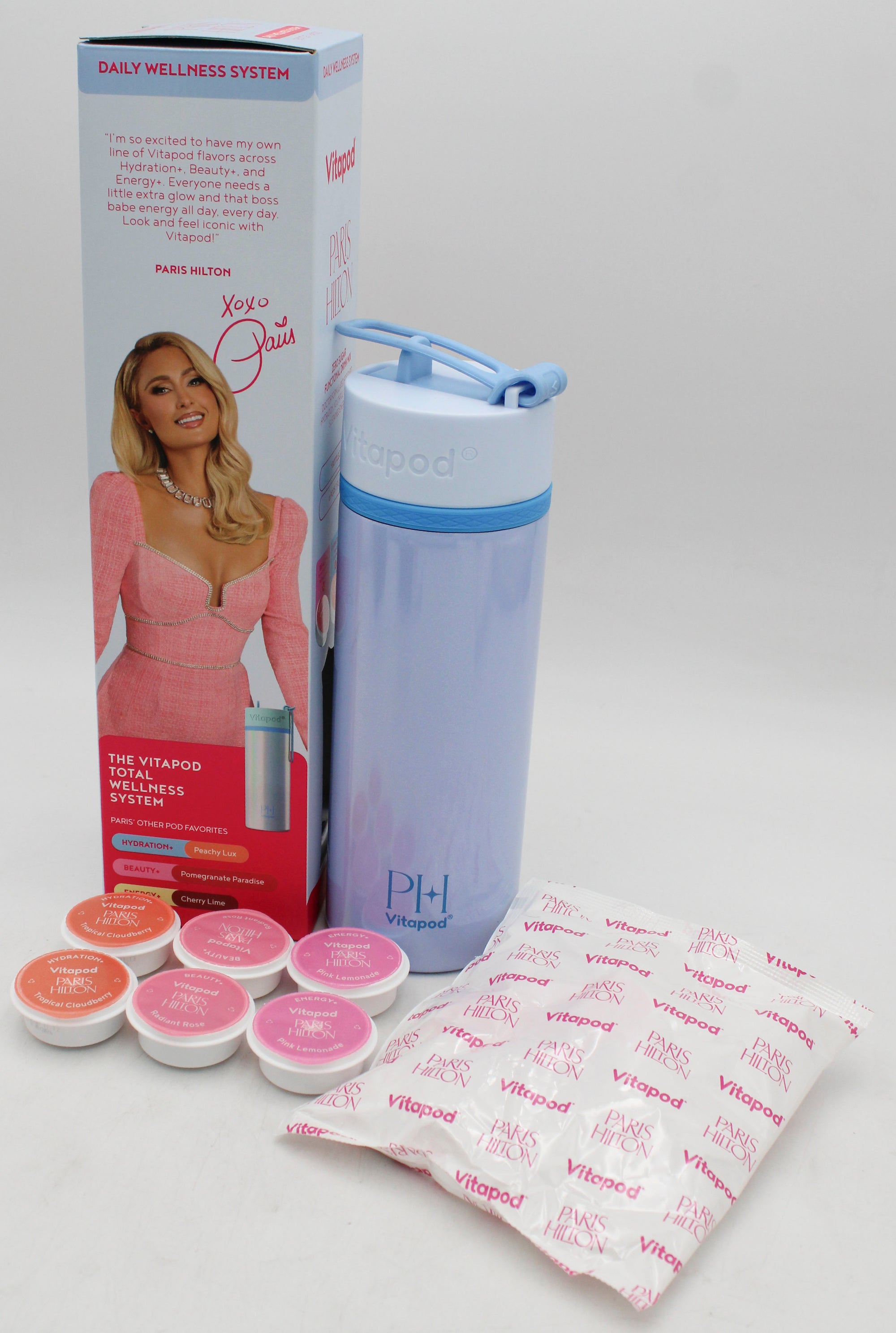 PARIS HILTON 22OZ HYDRATION BOTTLE W/ STRAW + 6 VITAPODS SYSTEM - BLUE EXP-09/2026