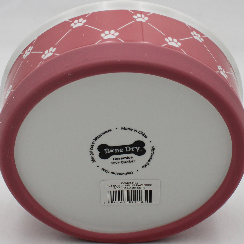 CERAMIC PET BOWL - TRELLIS PAW ROSE - MEDIUM 6Dx2H