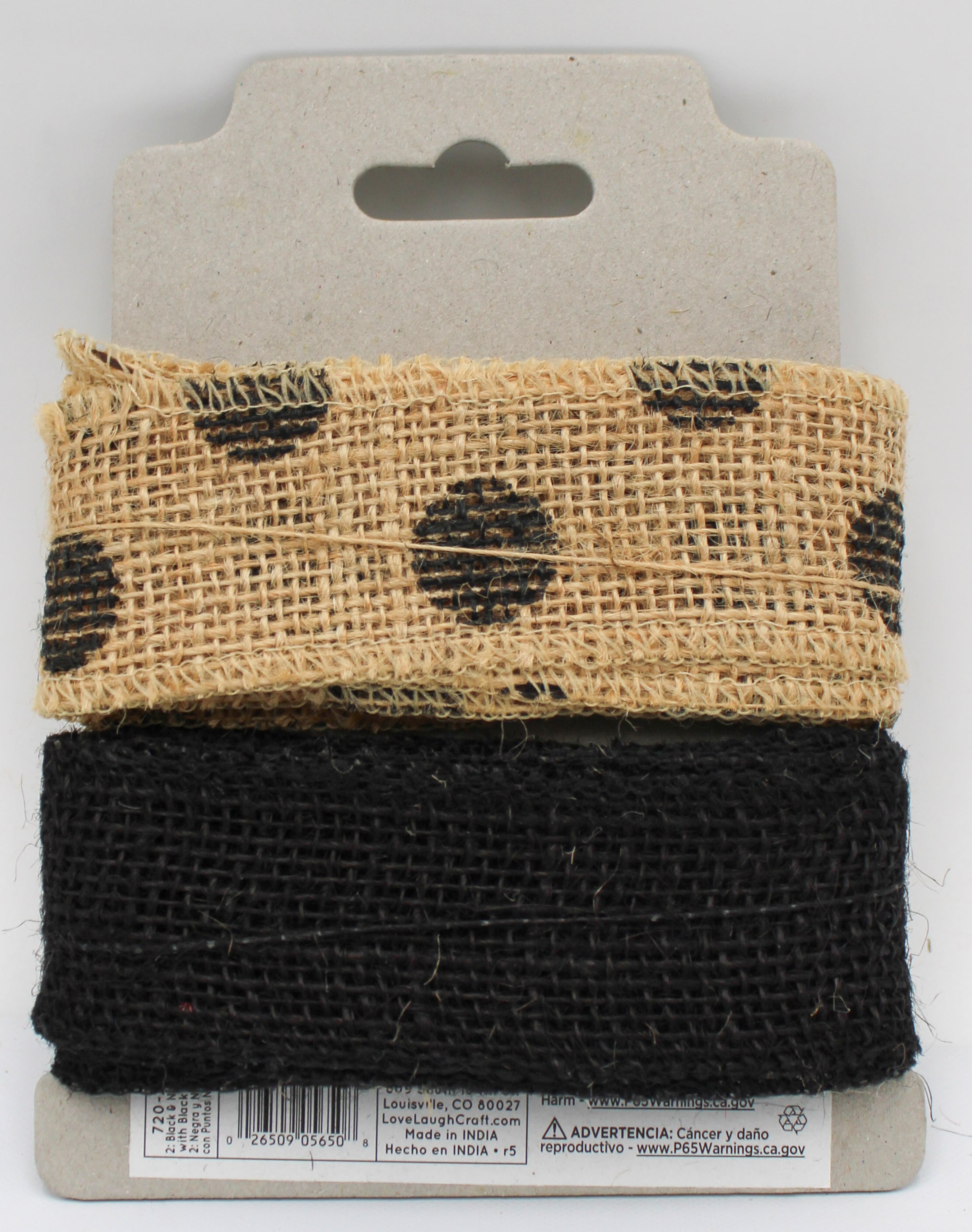 1.5 IN   X 3 YD SET-NATURAL BURLAP RIBBON WITH BLACK SCREENRPINT DOTS AND DYED BLACK RIBBON - FRAYED EDGES
