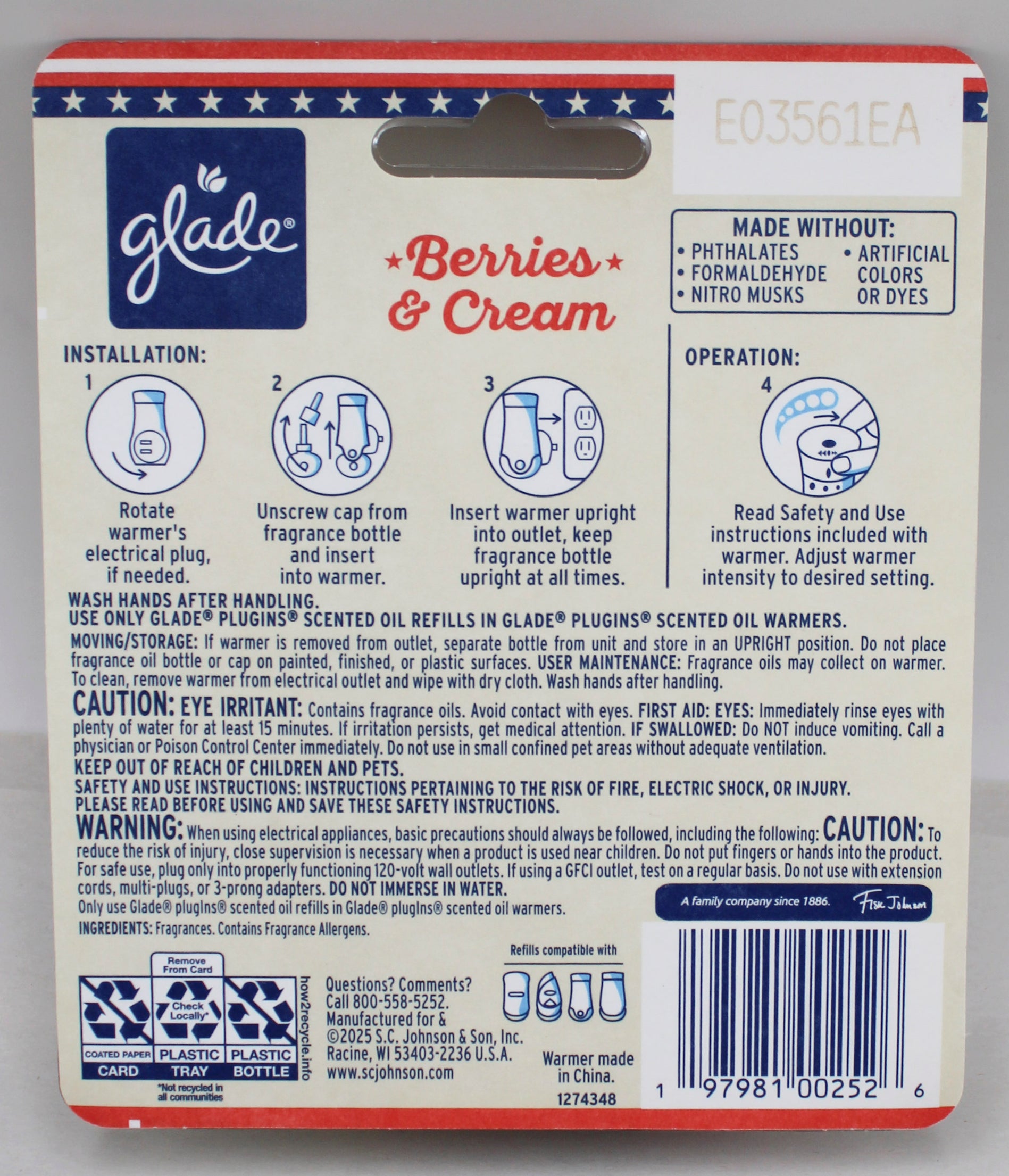 Glade PlugIns Scented Oil Berries & Cream 1 Warmer 2 Refills 1.34oz
