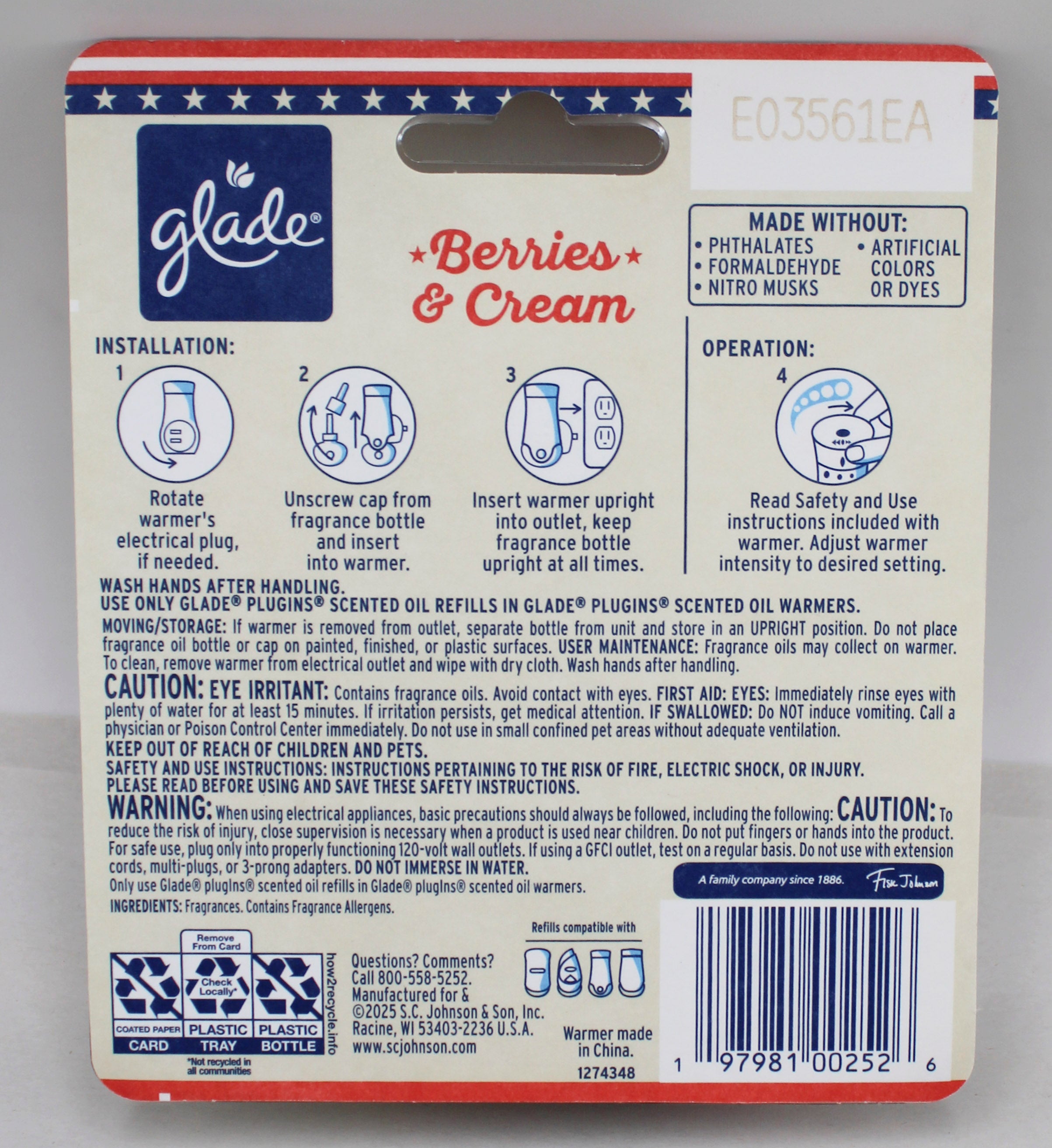 Glade PlugIns Scented Oil Berries & Cream 1 Warmer 2 Refills 1.34oz