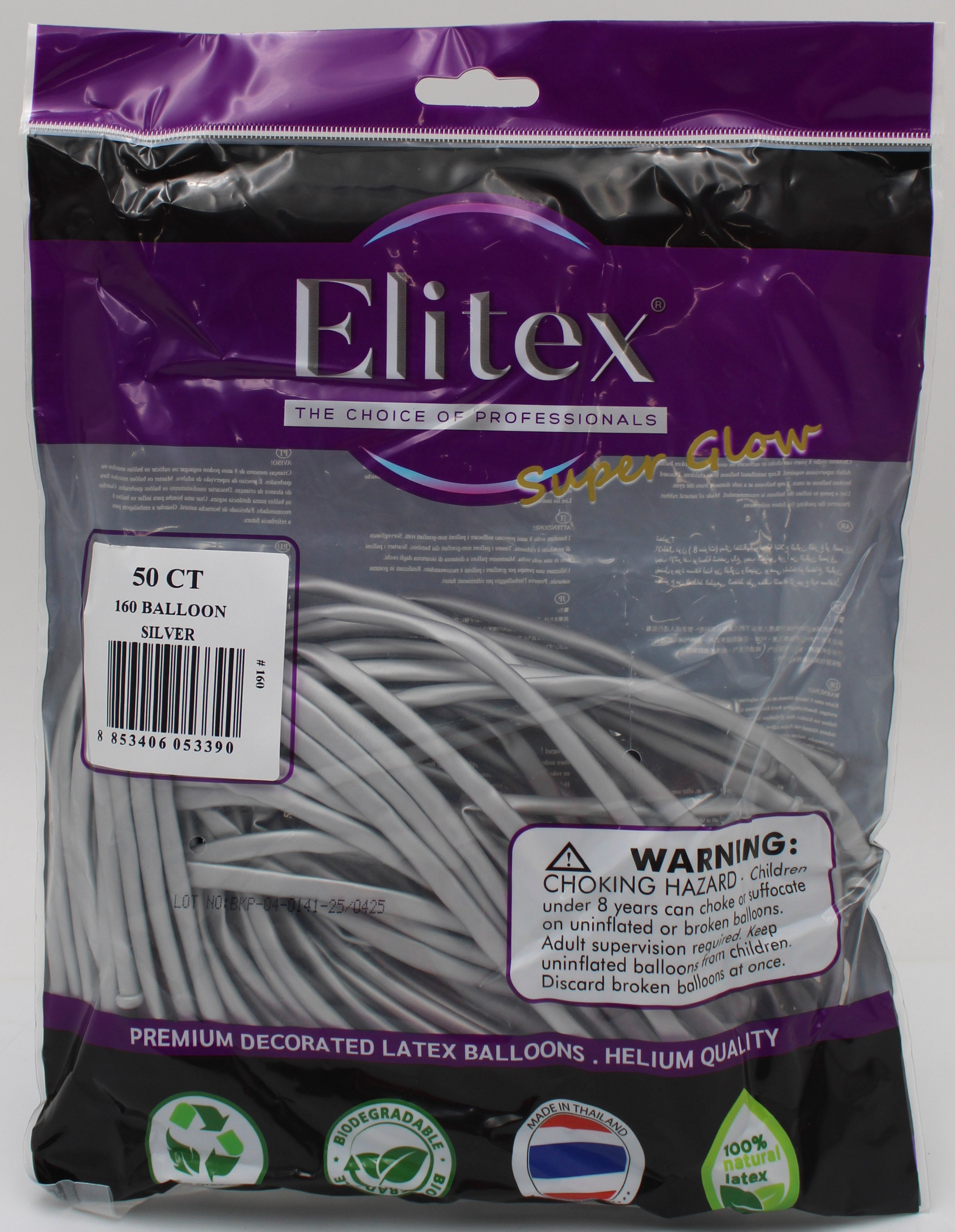 ELITEX 160" SUPERGLOW SILVER MODELLING BALLOON, 50 PACK