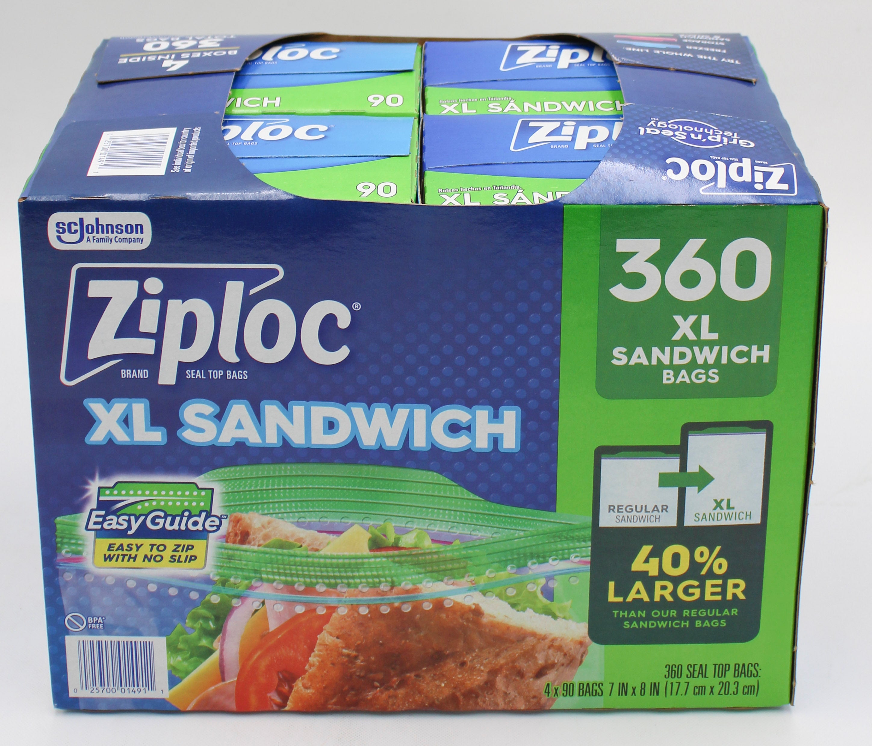 ZIPLOC 90ct SANDWICH XL BAGS 4 PACK TOTAL 360 BAGS  7"x 8"