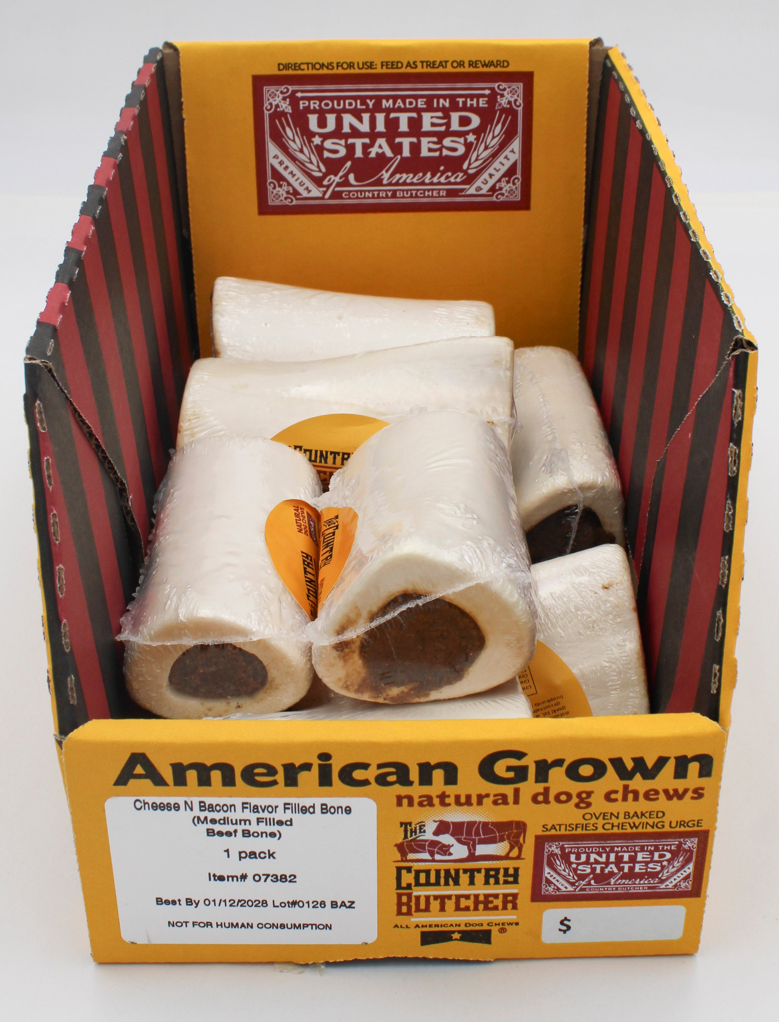THE COUNTRY BUTCHER NATURAL DOG CHEWS CHEESE N BACON 1CT FILLED BONE 6.4oz BB 1/12/2028
