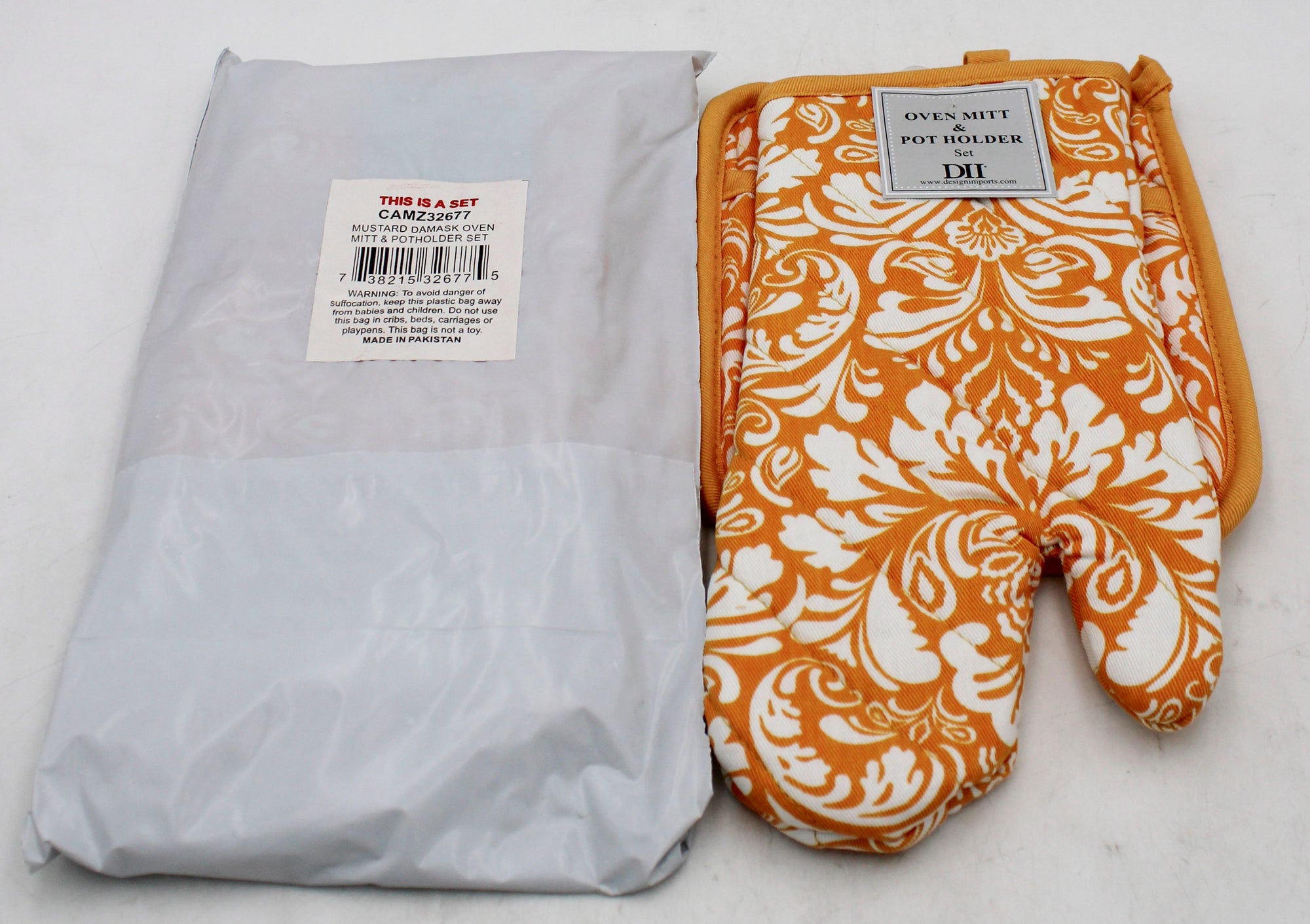 2 CT OVEN MITT & POTHOLDER SET - MUSTARD DAMASK
